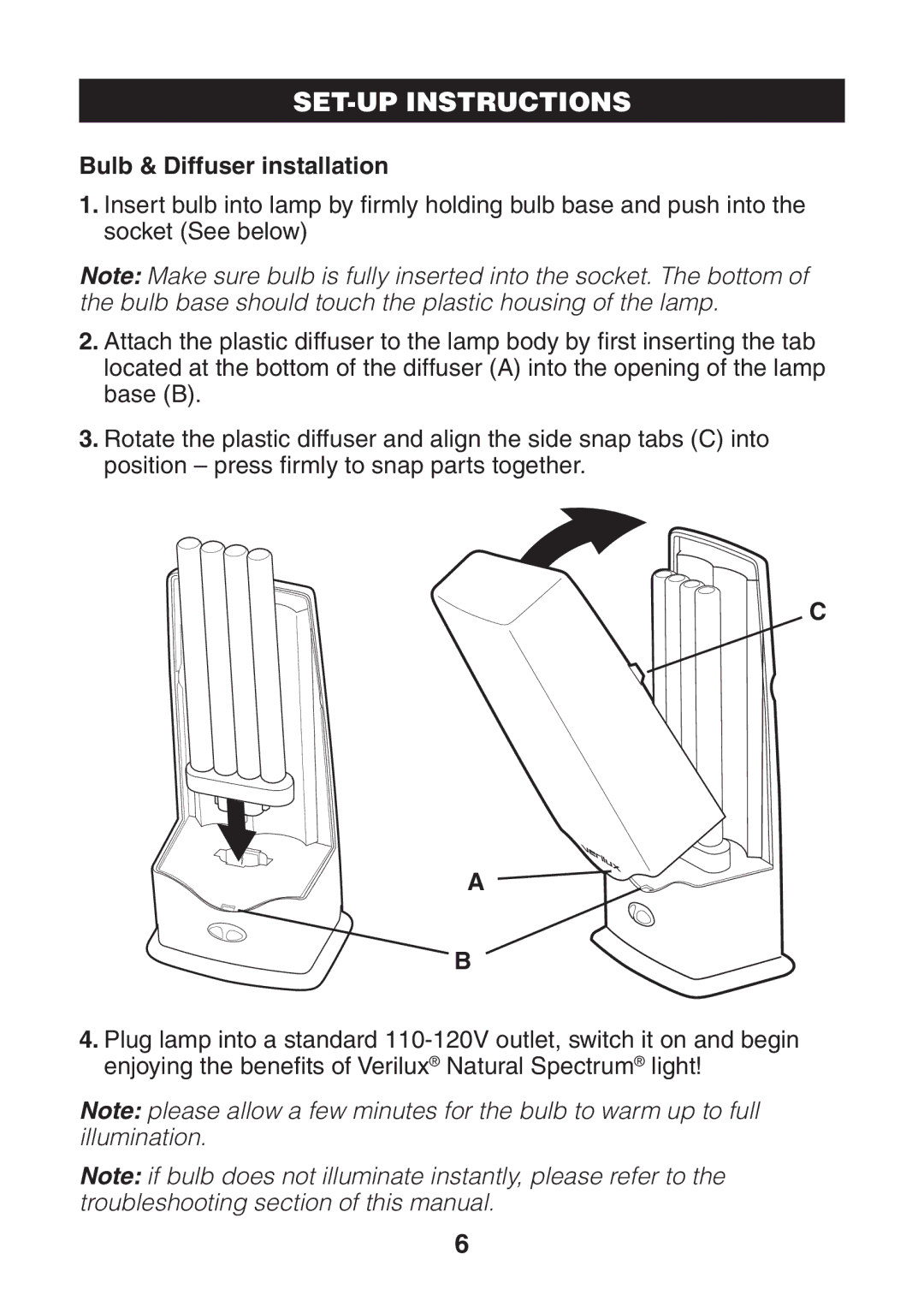 Verilux VT03 manual Bulb & Diffuser installation 