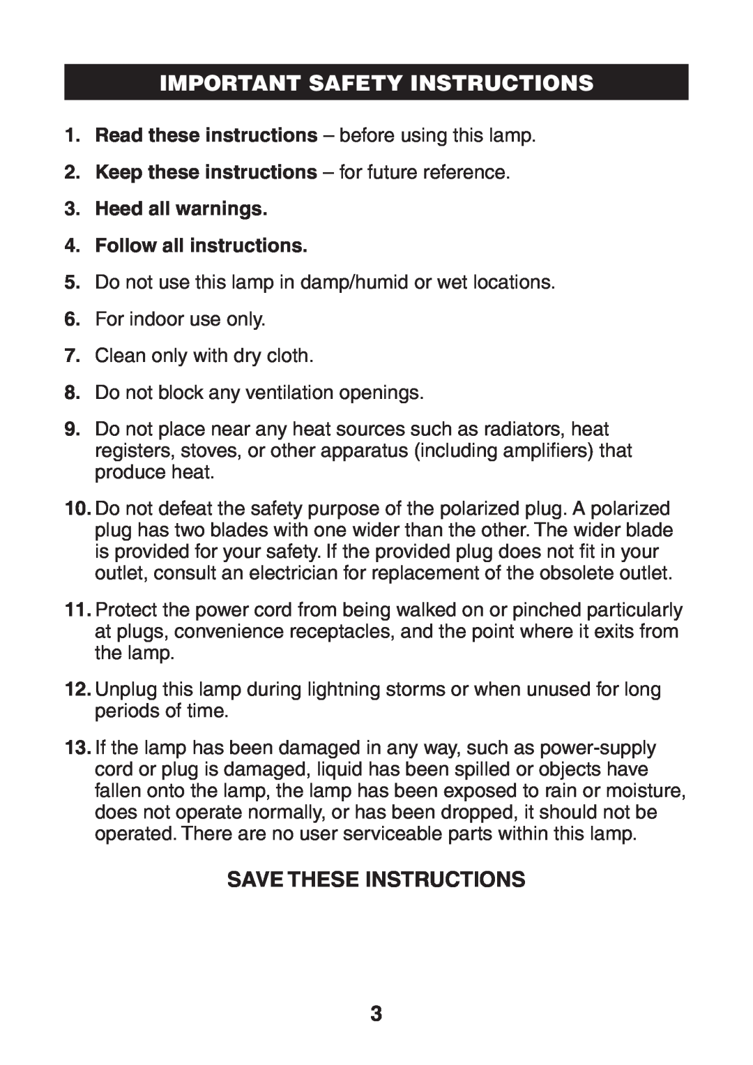 Verilux VT03 manual Save These Instructions, Keep these instructions - for future reference, Important Safety Instructions 