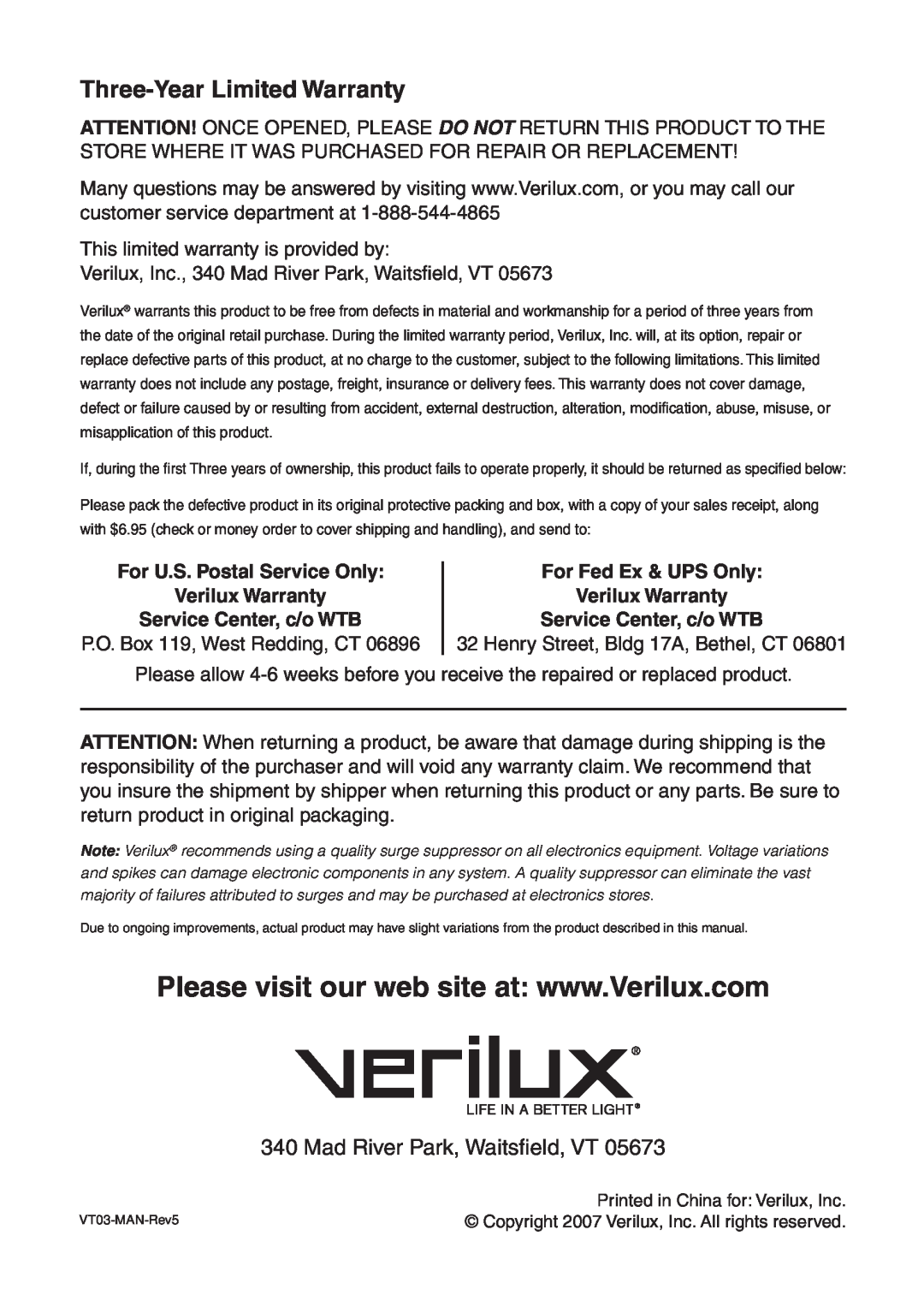 Verilux VT03 Three-YearLimited Warranty, Mad River Park, Waitsﬁeld, VT, For U.S. Postal Service Only Verilux Warranty 