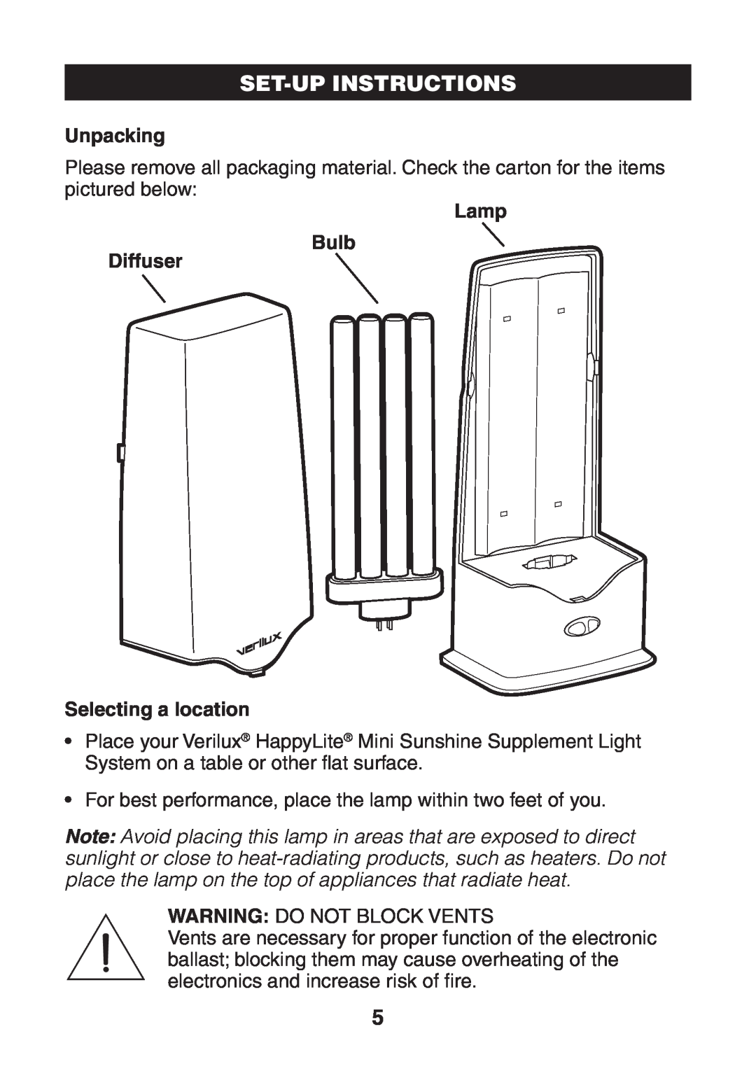Verilux VT03 manual Set-Upinstructions, Unpacking, Lamp Bulb Diffuser Selecting a location 