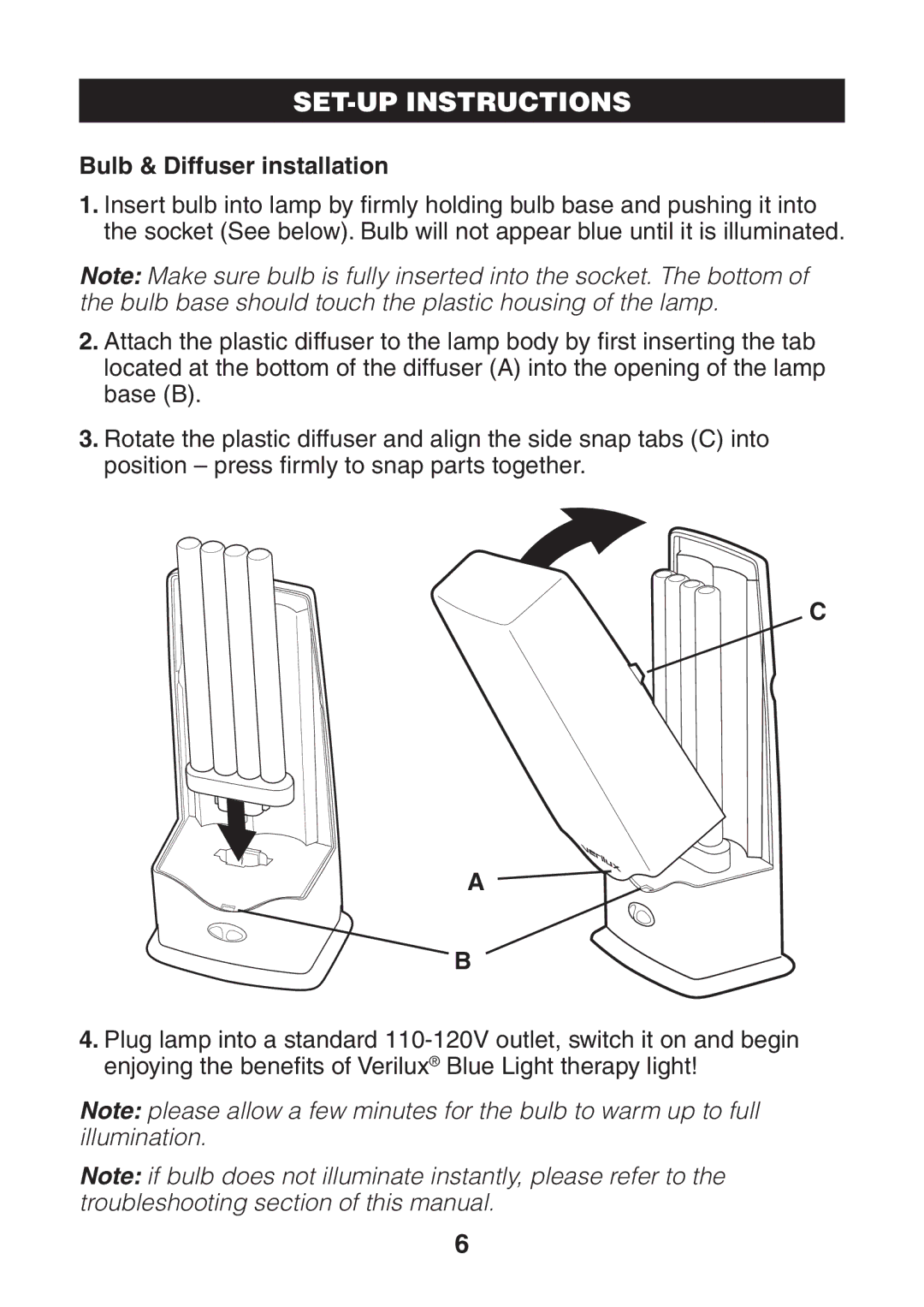 Verilux VT04 manual Bulb & Diffuser installation 