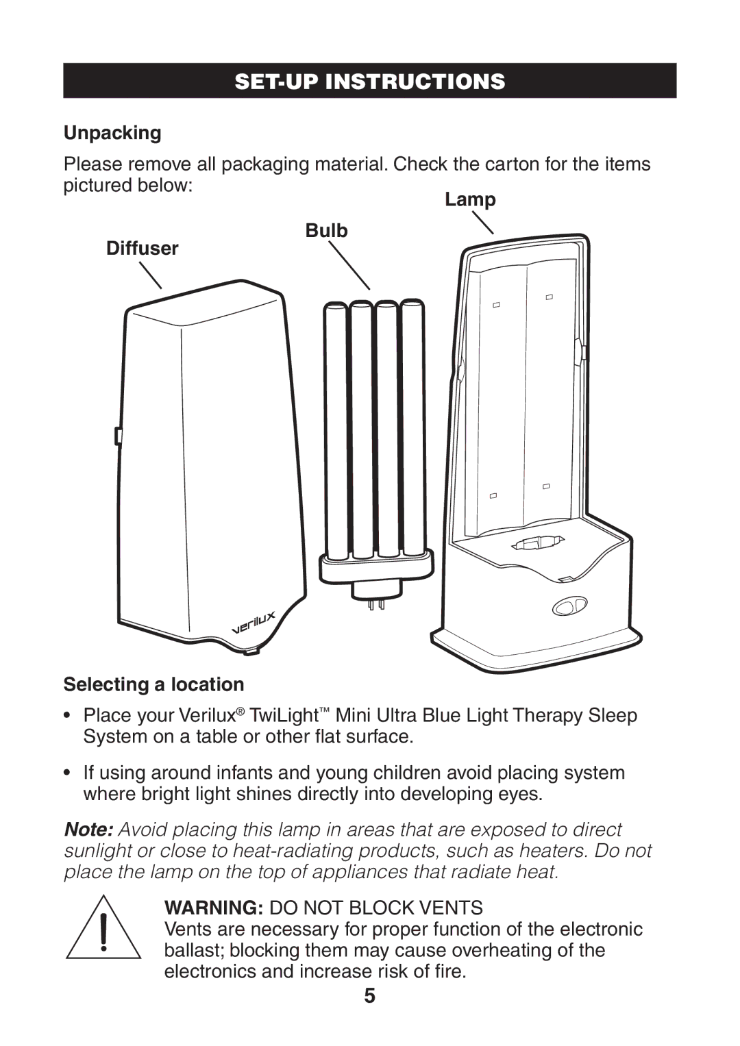 Verilux VT04 manual SET-UP Instructions, Unpacking, Lamp Bulb Diffuser Selecting a location 