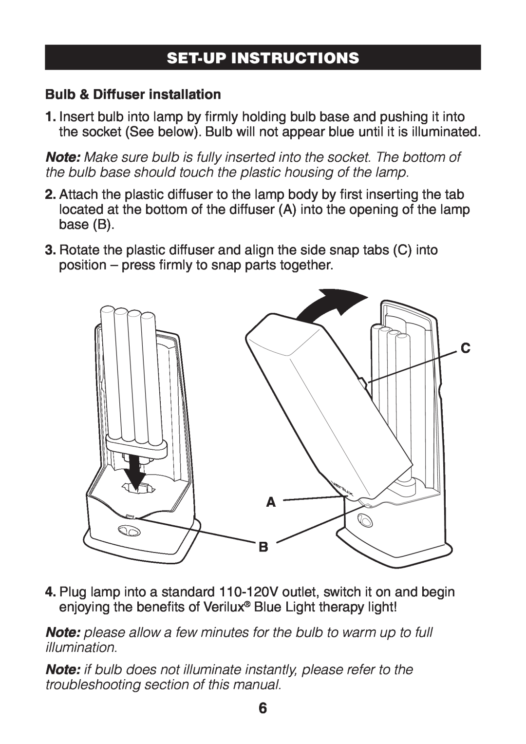 Verilux VT04 manual Set-Upinstructions, Bulb & Diffuser installation, C A B 