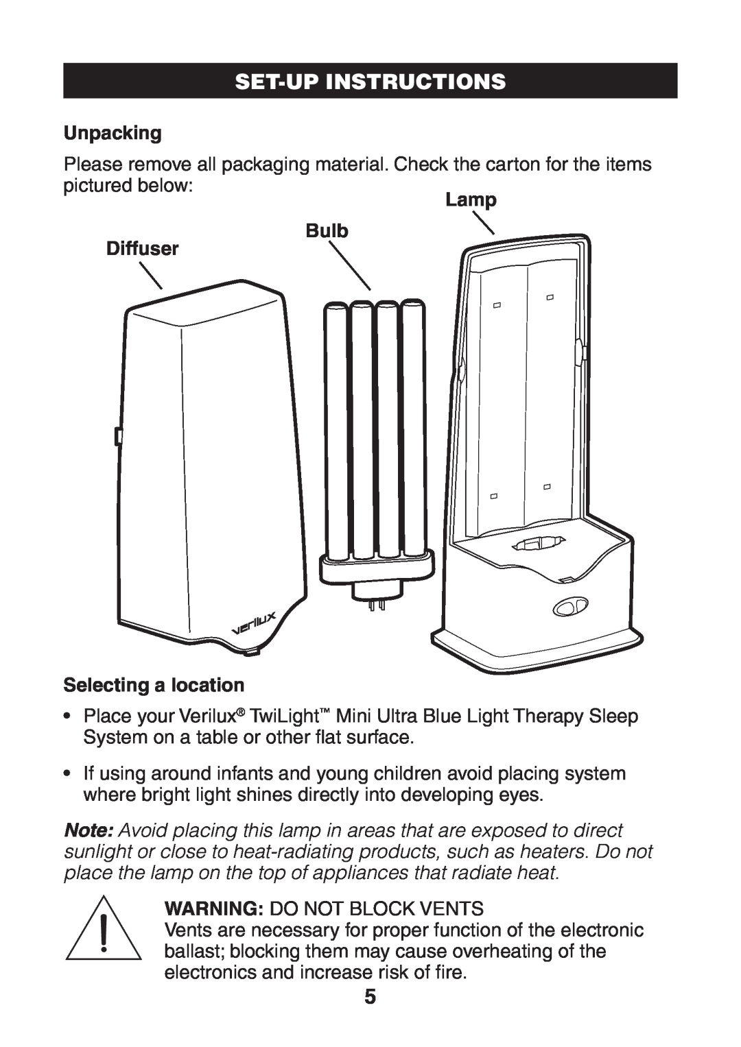 Verilux VT04 manual Set-Upinstructions, Unpacking, Lamp Bulb Diffuser Selecting a location 