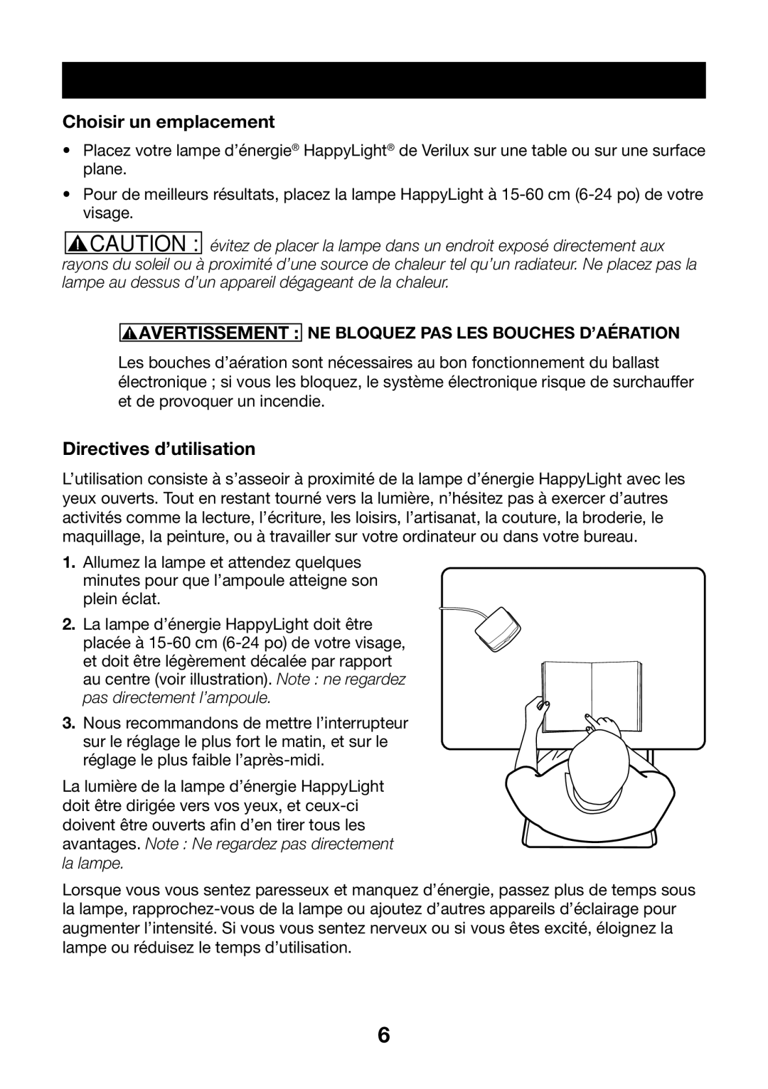 Verilux VT05 manual Choisir un emplacement, Directives d’utilisation 