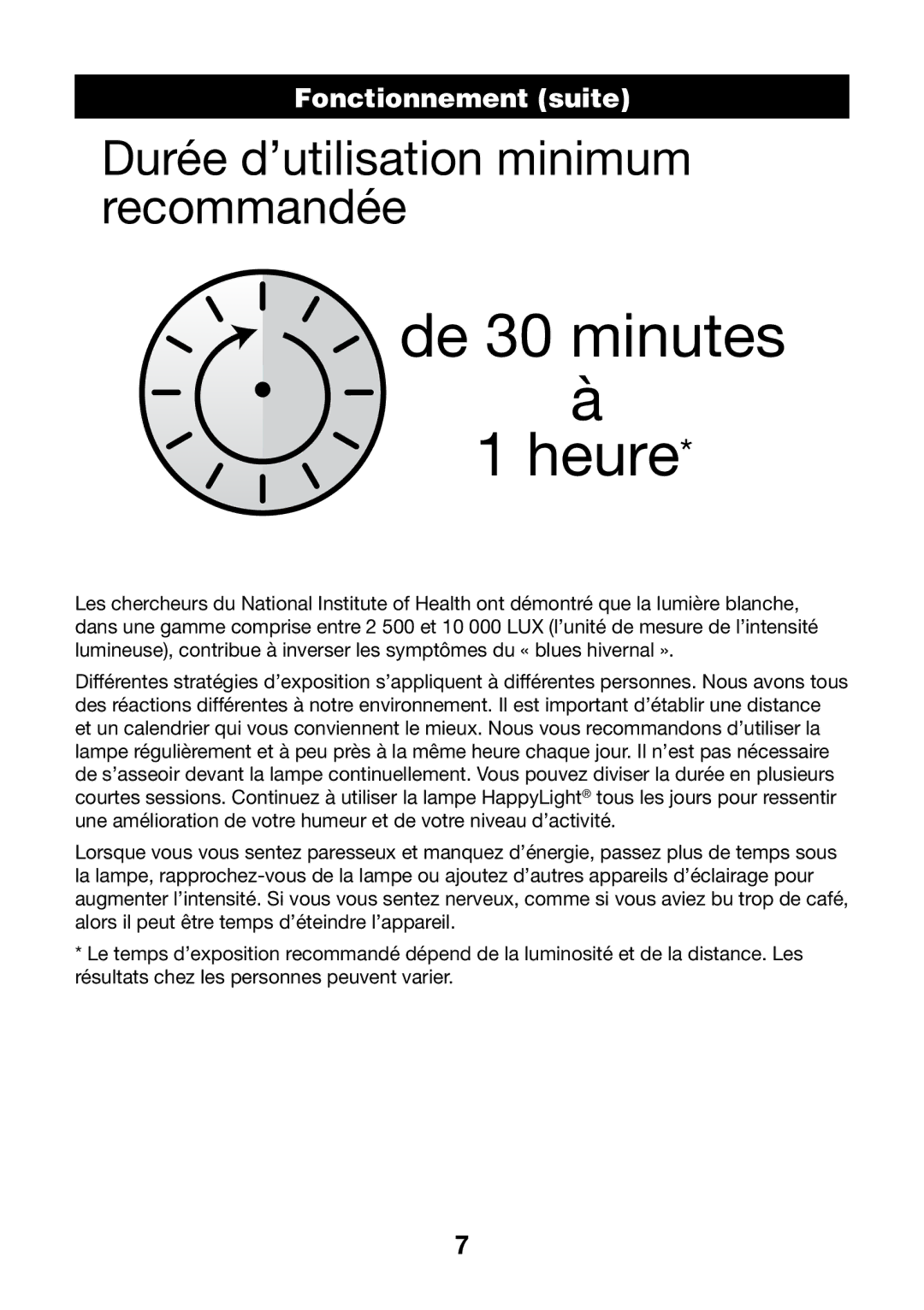 Verilux VT05 manual De 30 minutes Heure, FonctionnementHEADER suite 