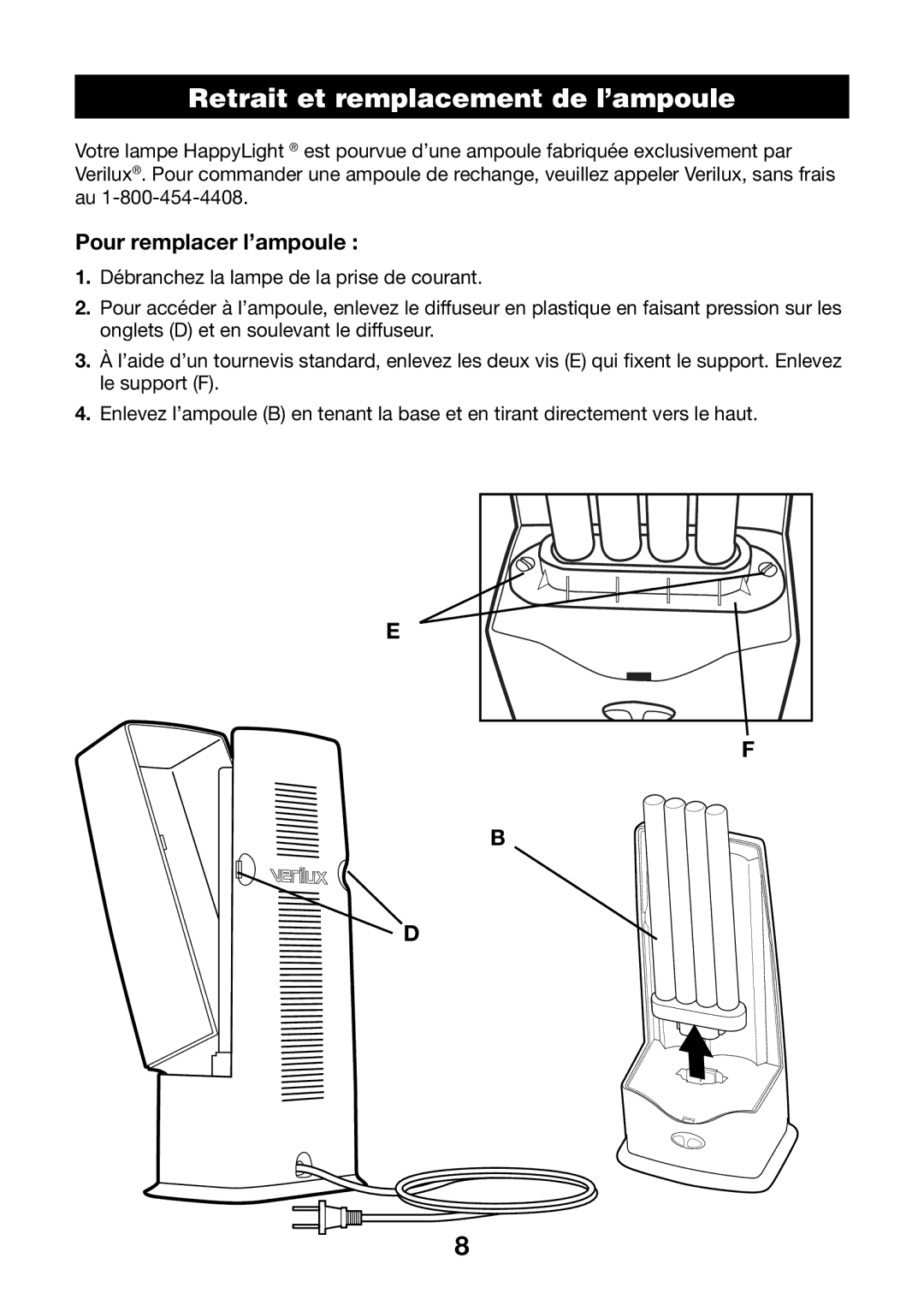 Verilux VT05 manual Retrait et remplacementHEADER de l’ampoule, Pour remplacer l’ampoule 