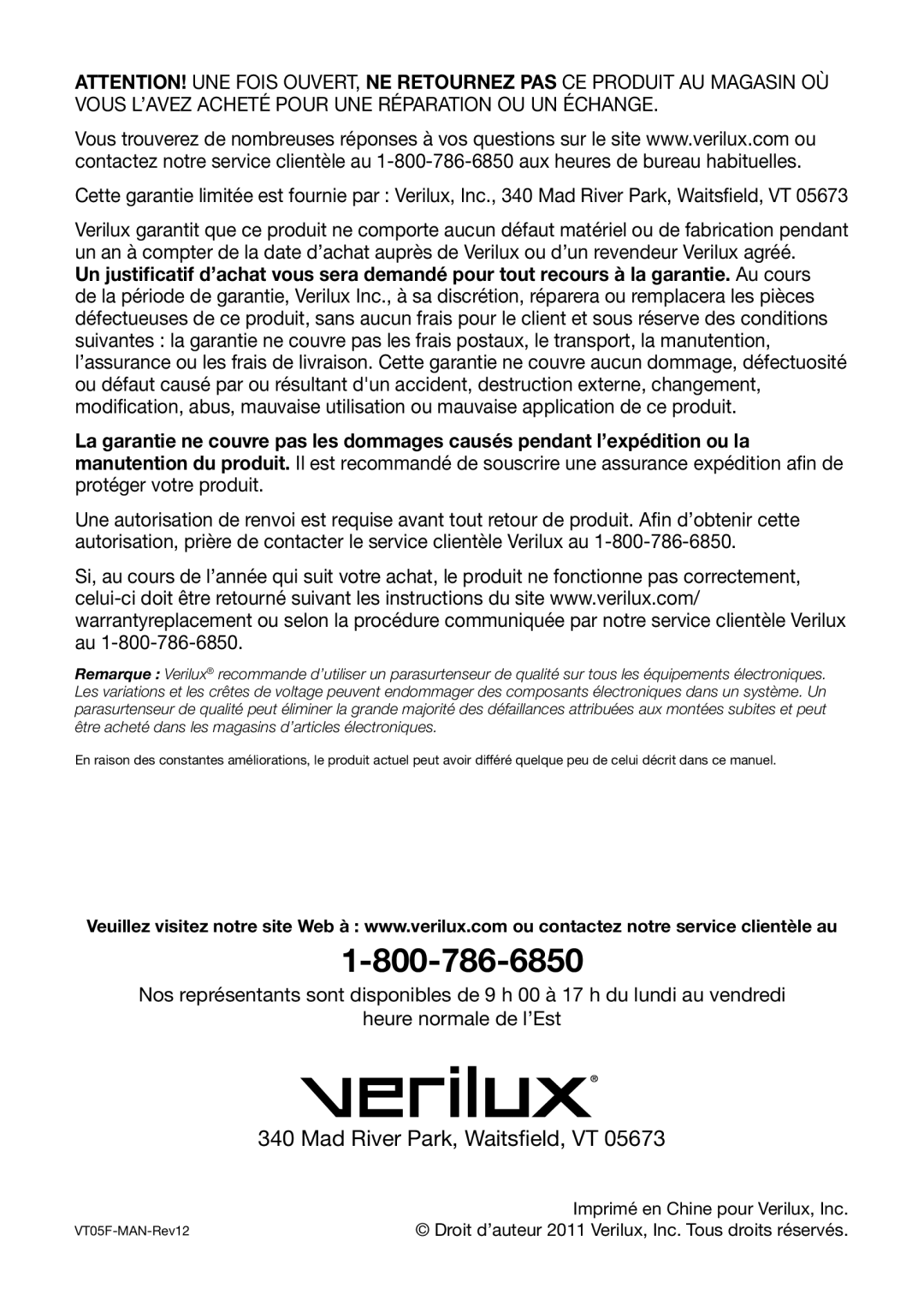 Verilux VT05 manual Mad River Park, Waitsfield, VT 