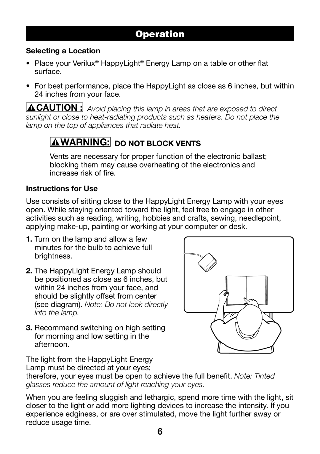 Verilux VT05 manual Operation, Selecting a Location, Instructions for Use 