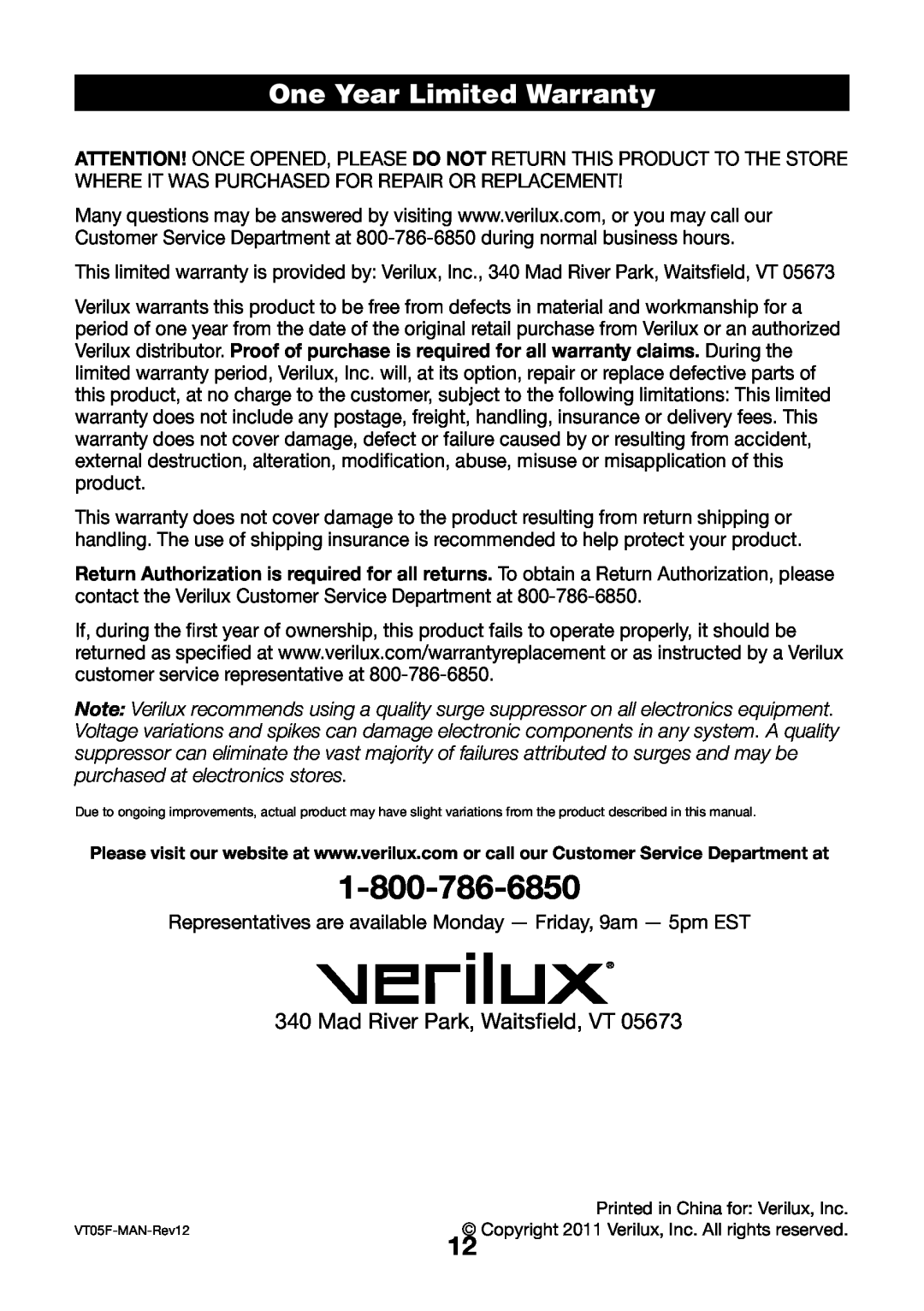 Verilux VT05 manual One Year Limited Warranty, Mad River Park, Waitsfield, VT 