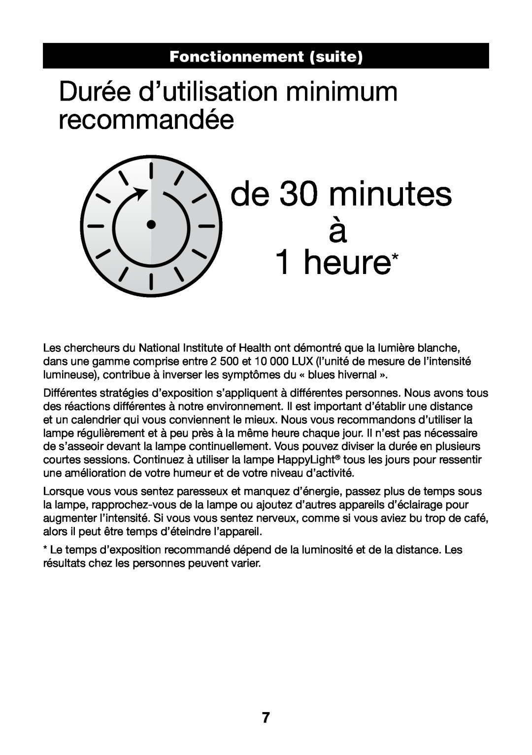 Verilux VT05 manual Durée d’utilisation minimum recommandée, FonctionnementHEADER suite, de 30 minutes à 1 heure 