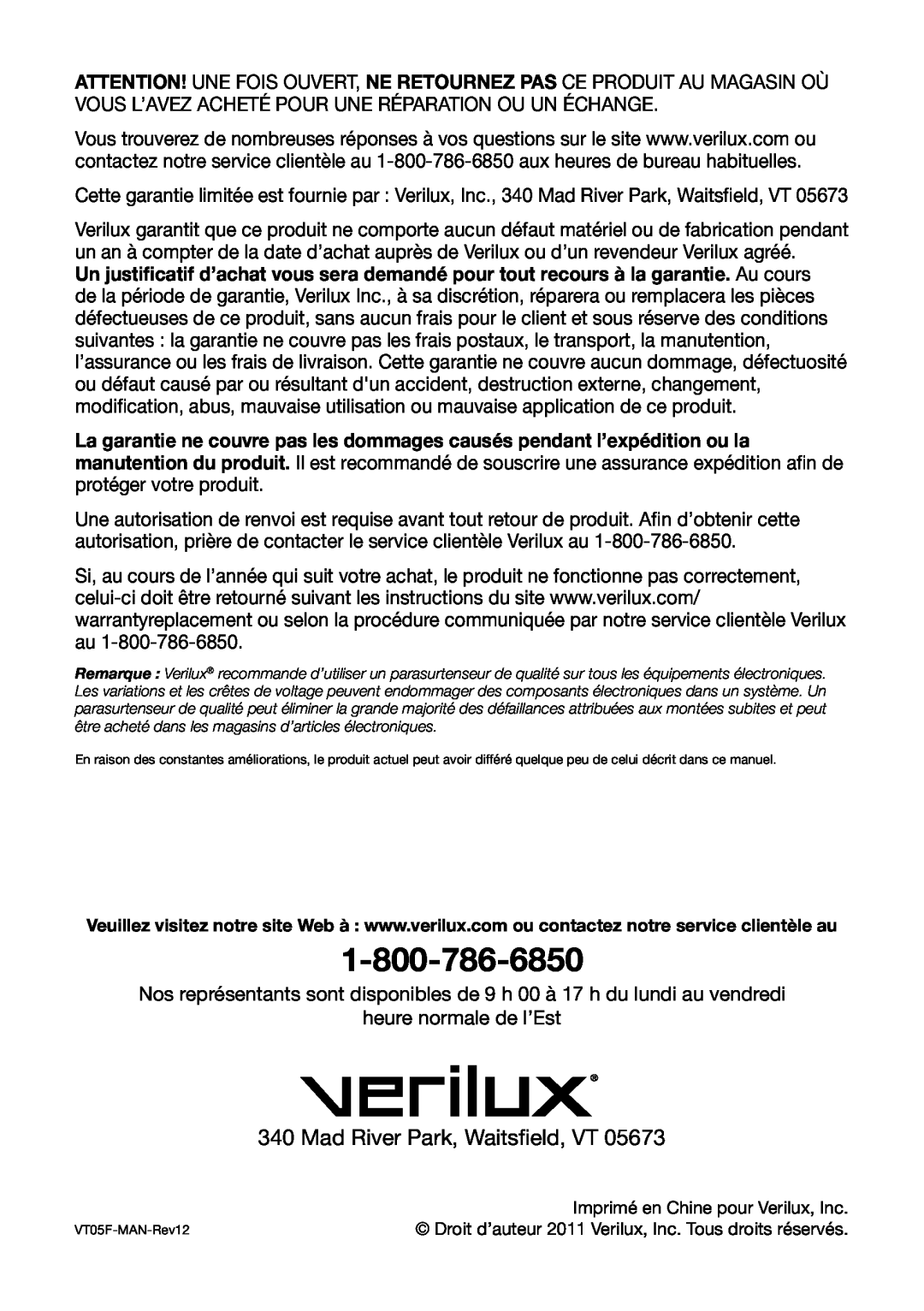 Verilux VT05 manual heure normale de l’Est 