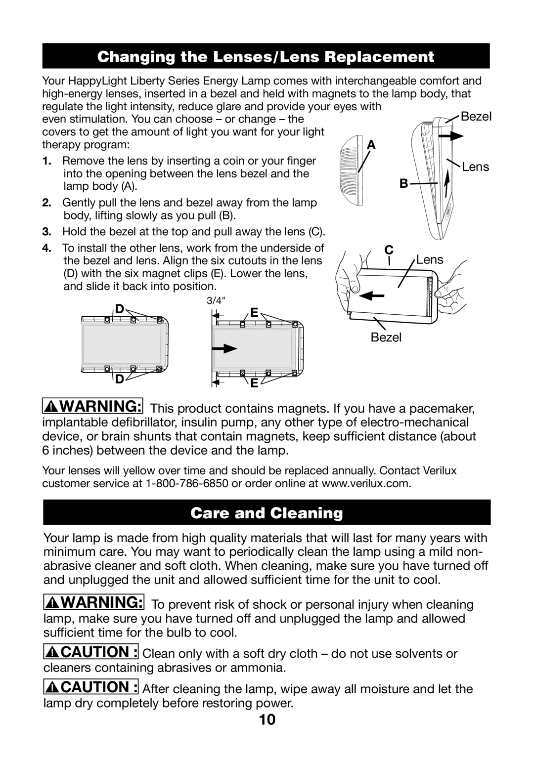 Verilux vt20 manual Changing the Lenses/Lens Replacement, Care and Cleaning 