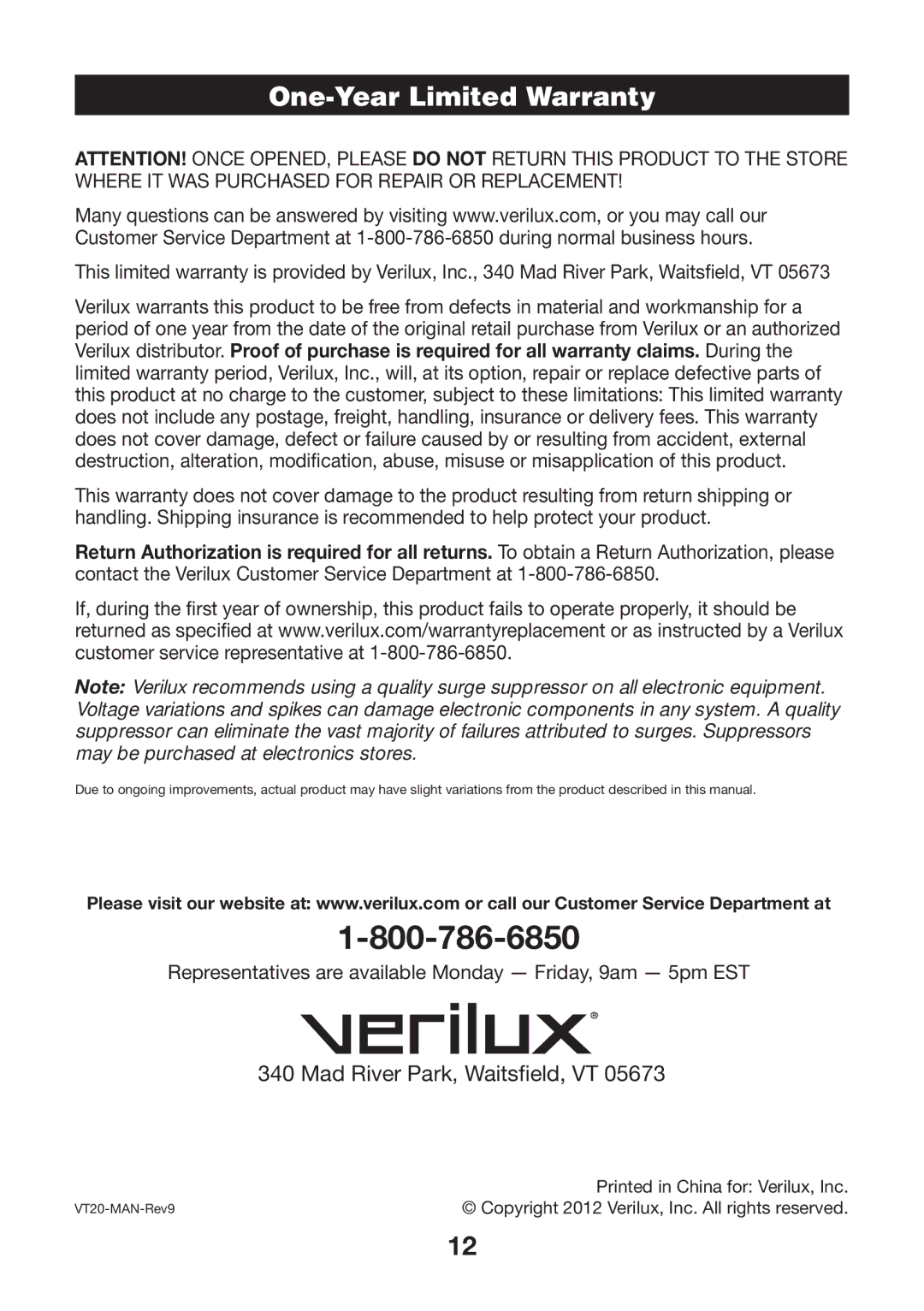 Verilux vt20 manual One-Year Limited Warranty 