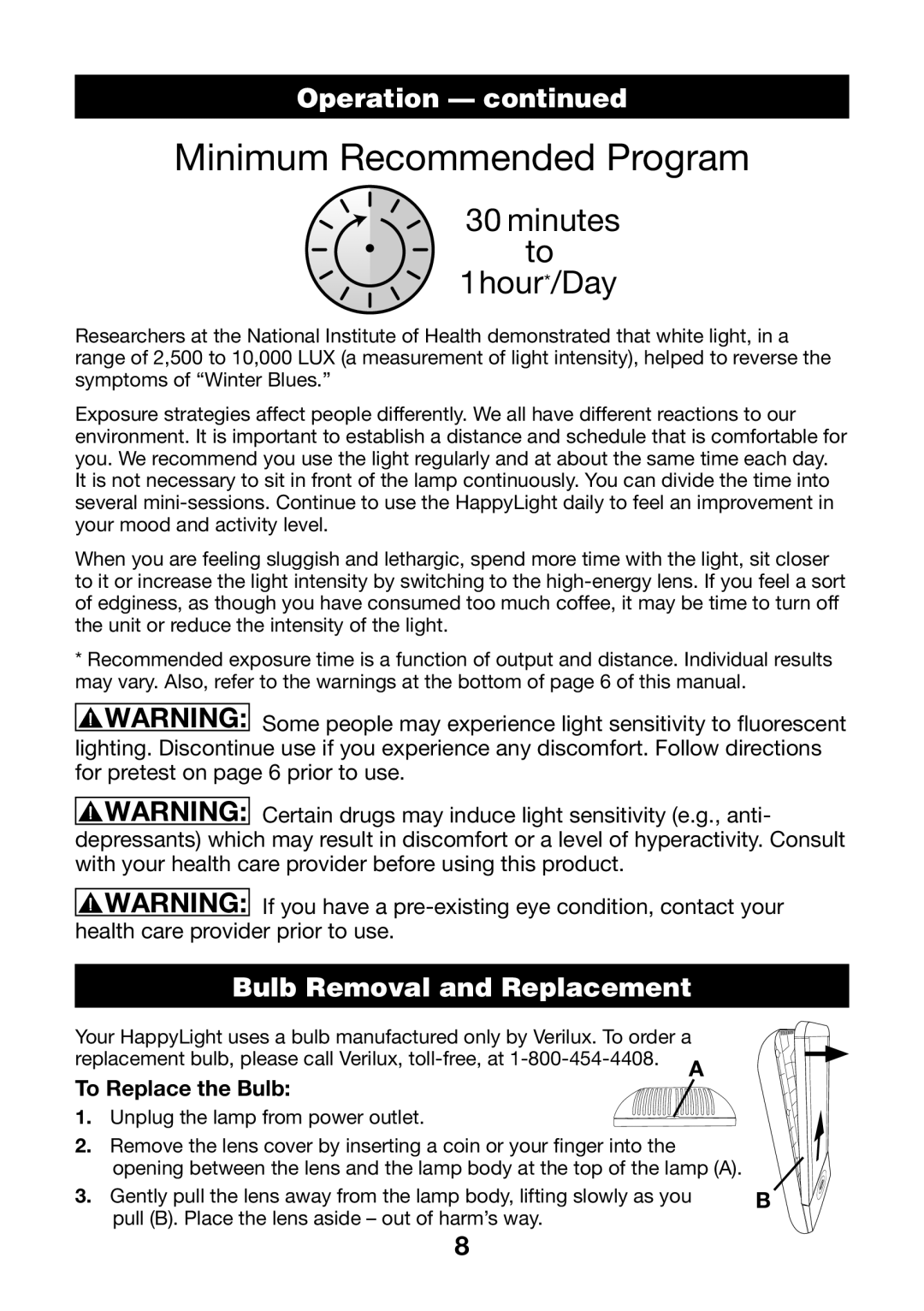 Verilux vt20 manual Minimum Recommended Program, Bulb Removal and Replacement 