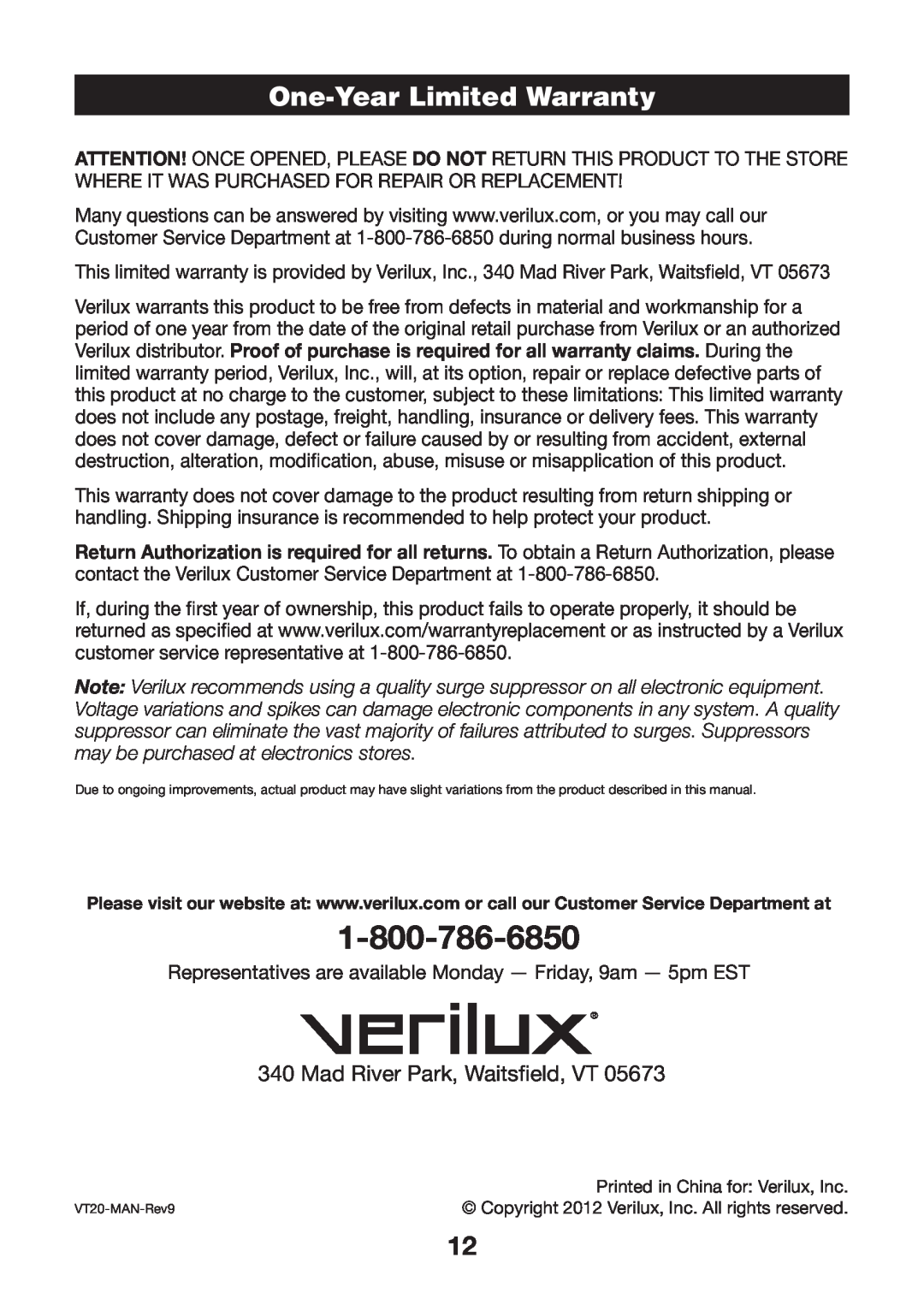 Verilux vt20 manual One-YearLimited Warranty, Mad River Park, Waitsfield, VT 