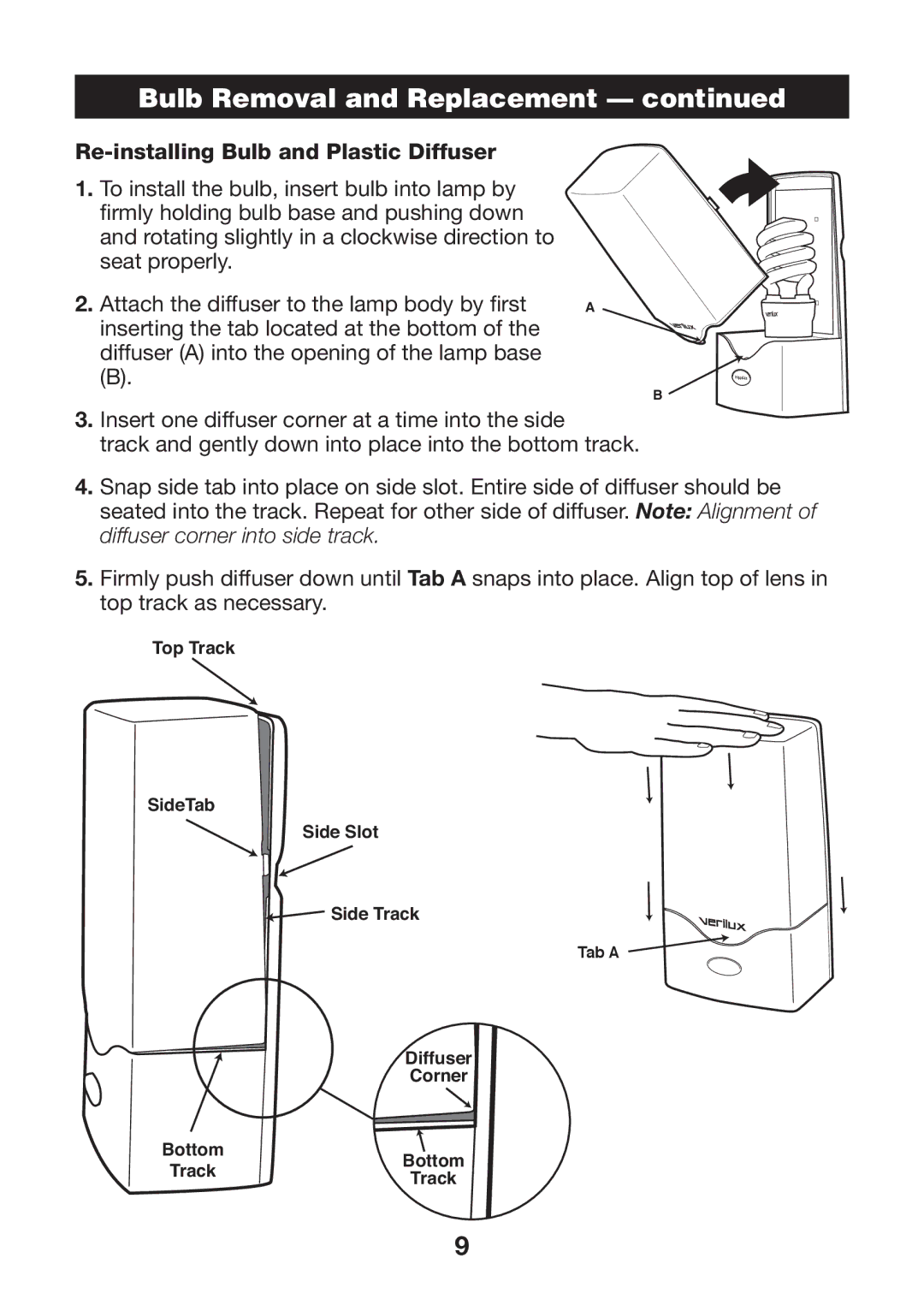 Verilux VTCP01 manual Re-installing Bulb and Plastic Diffuser 