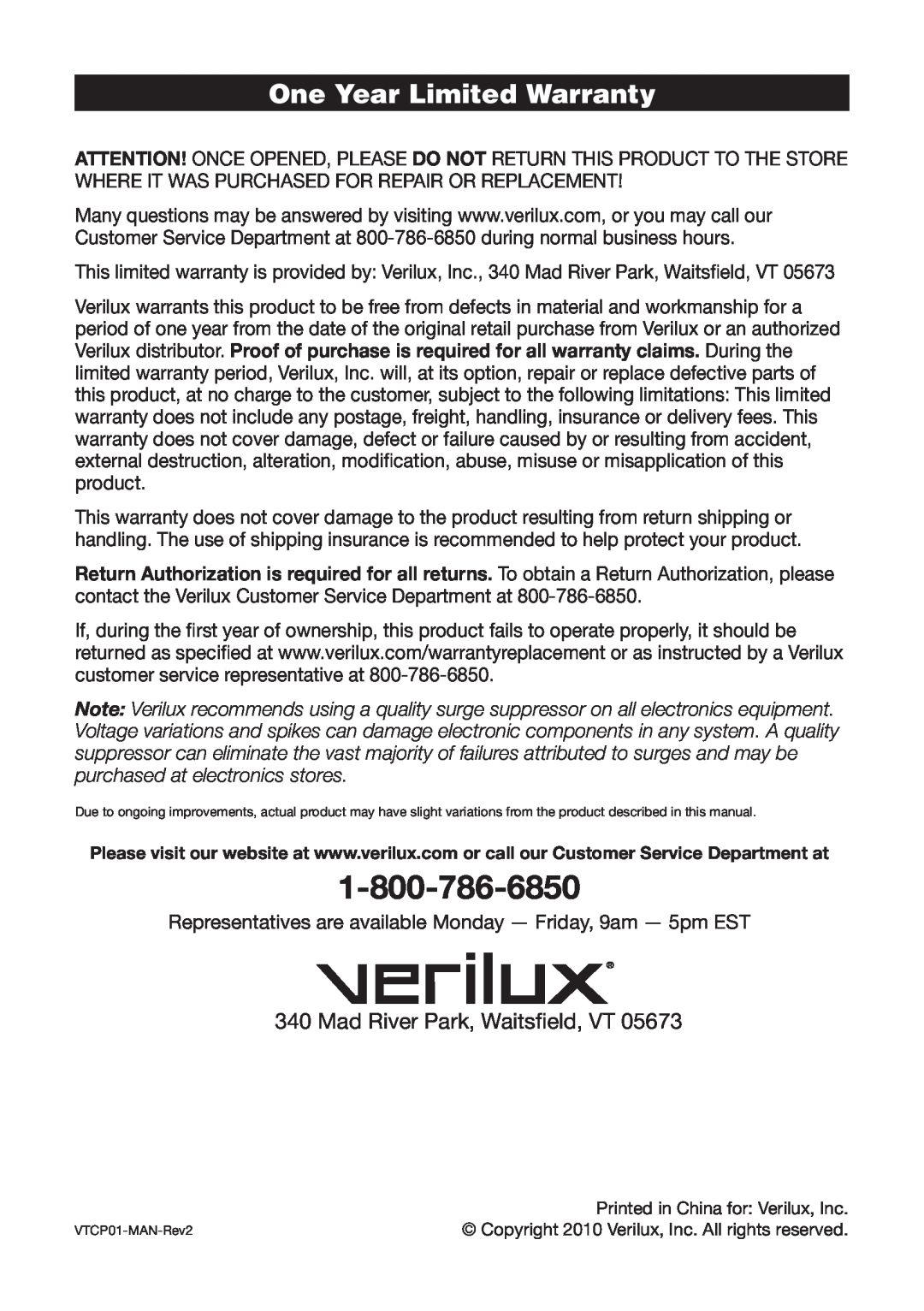 Verilux VTCP01 manual One Year Limited Warranty, Mad River Park, Waitsﬁeld, VT 