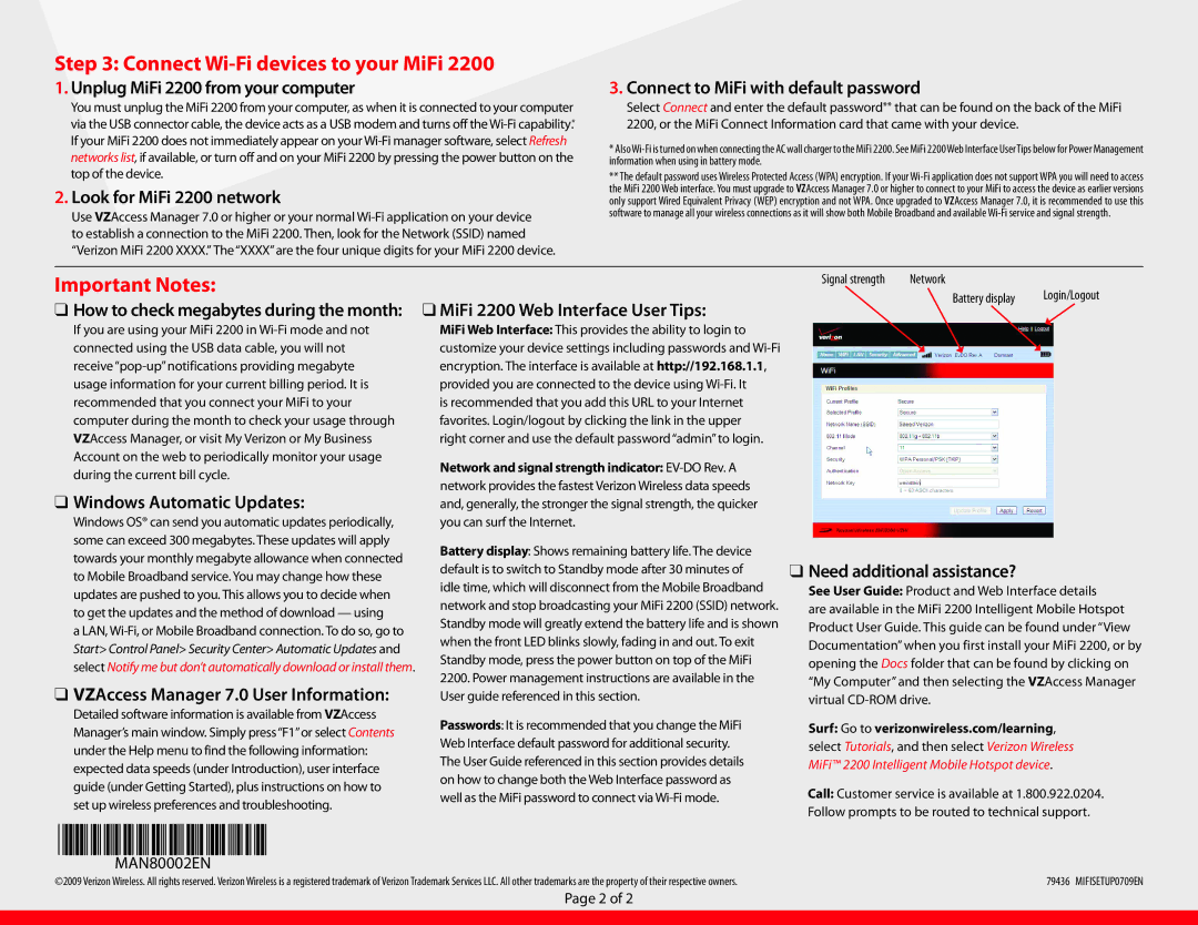 Verizon 2200 manual Connect Wi-Fi devices to your MiFi, Important Notes 