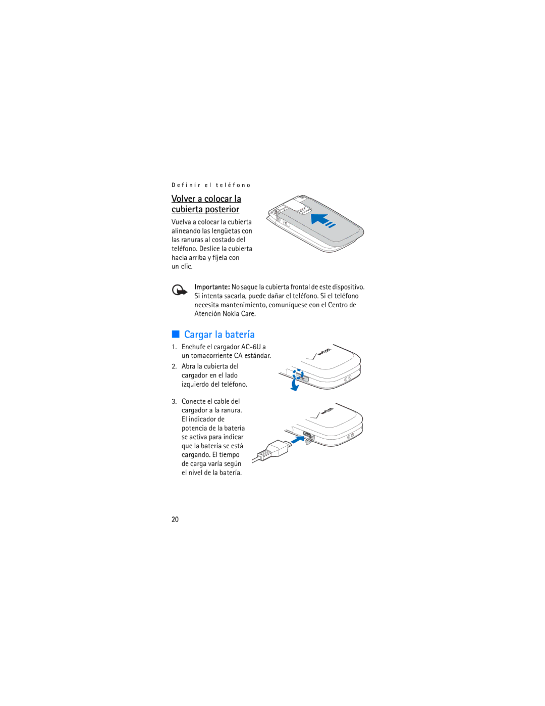 Verizon 2605 manual Cargar la batería, Volver a colocar la cubierta posterior 