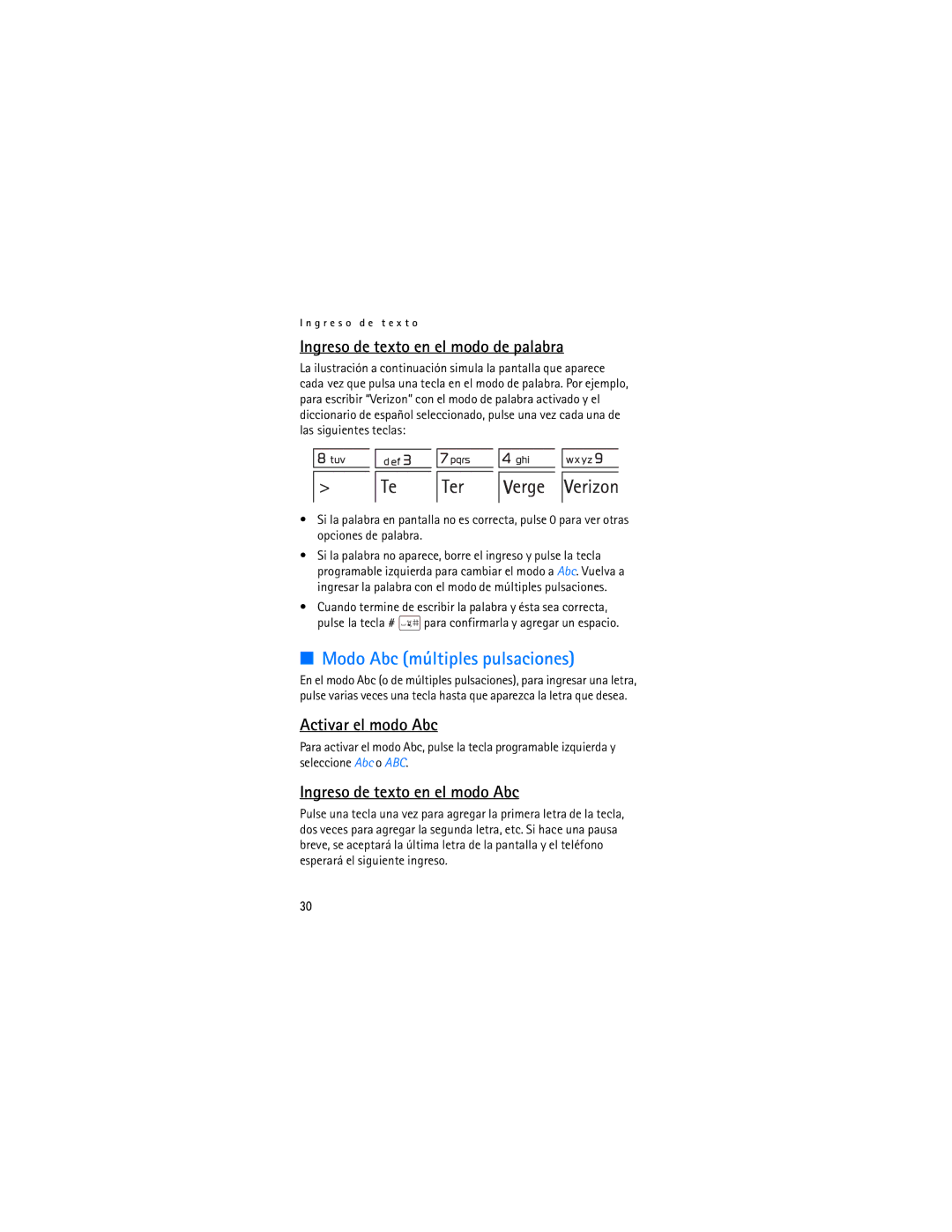 Verizon 2605 manual Modo Abc múltiples pulsaciones, Ingreso de texto en el modo de palabra, Activar el modo Abc 