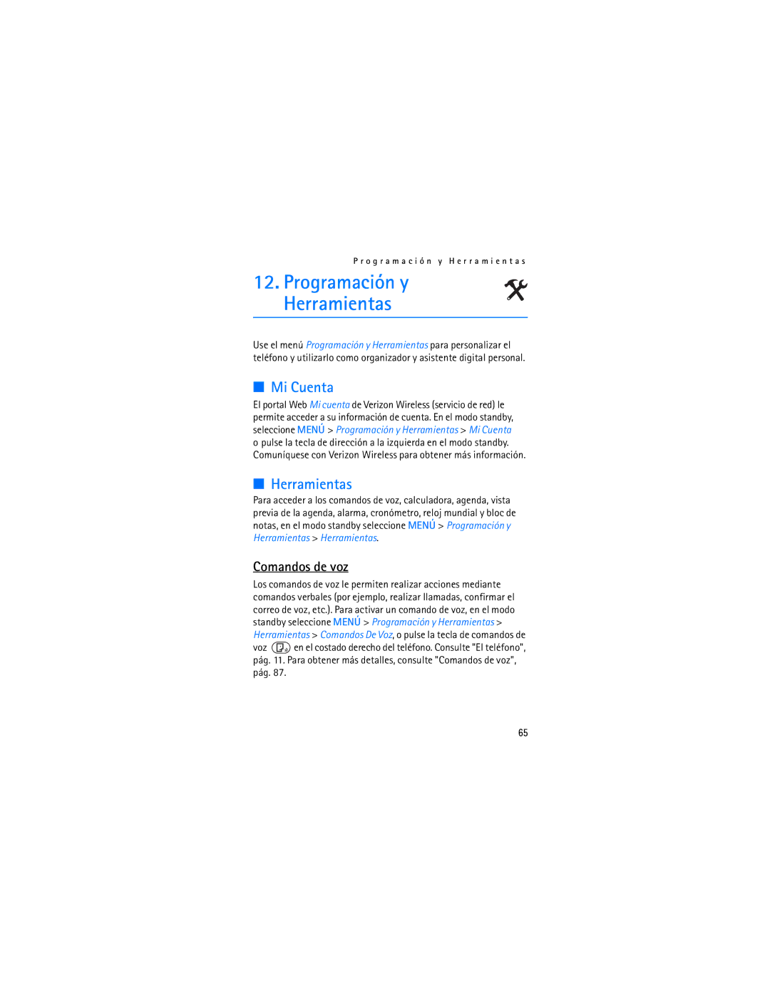 Verizon 2605 manual Mi Cuenta, Herramientas, Comandos de voz 