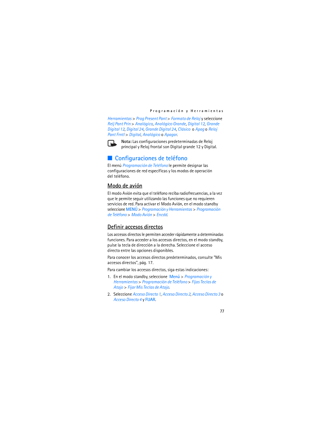 Verizon 2605 manual Configuraciones de teléfono, Modo de avión, Definir accesos directos 