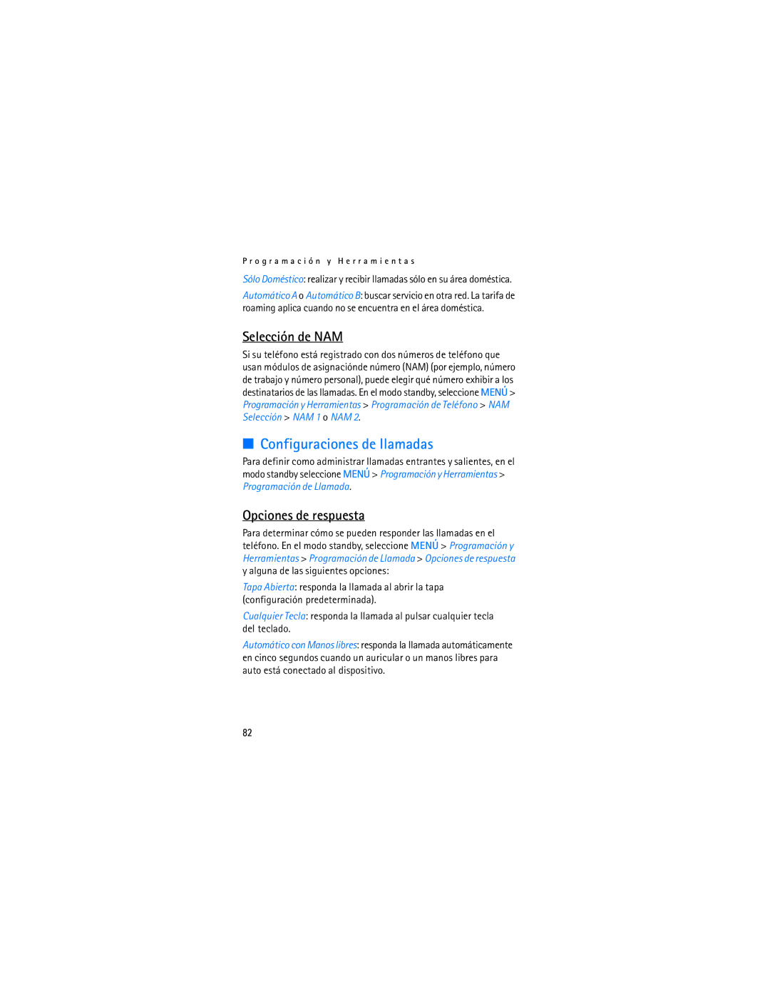 Verizon 2605 manual Configuraciones de llamadas, Selección de NAM, Opciones de respuesta 