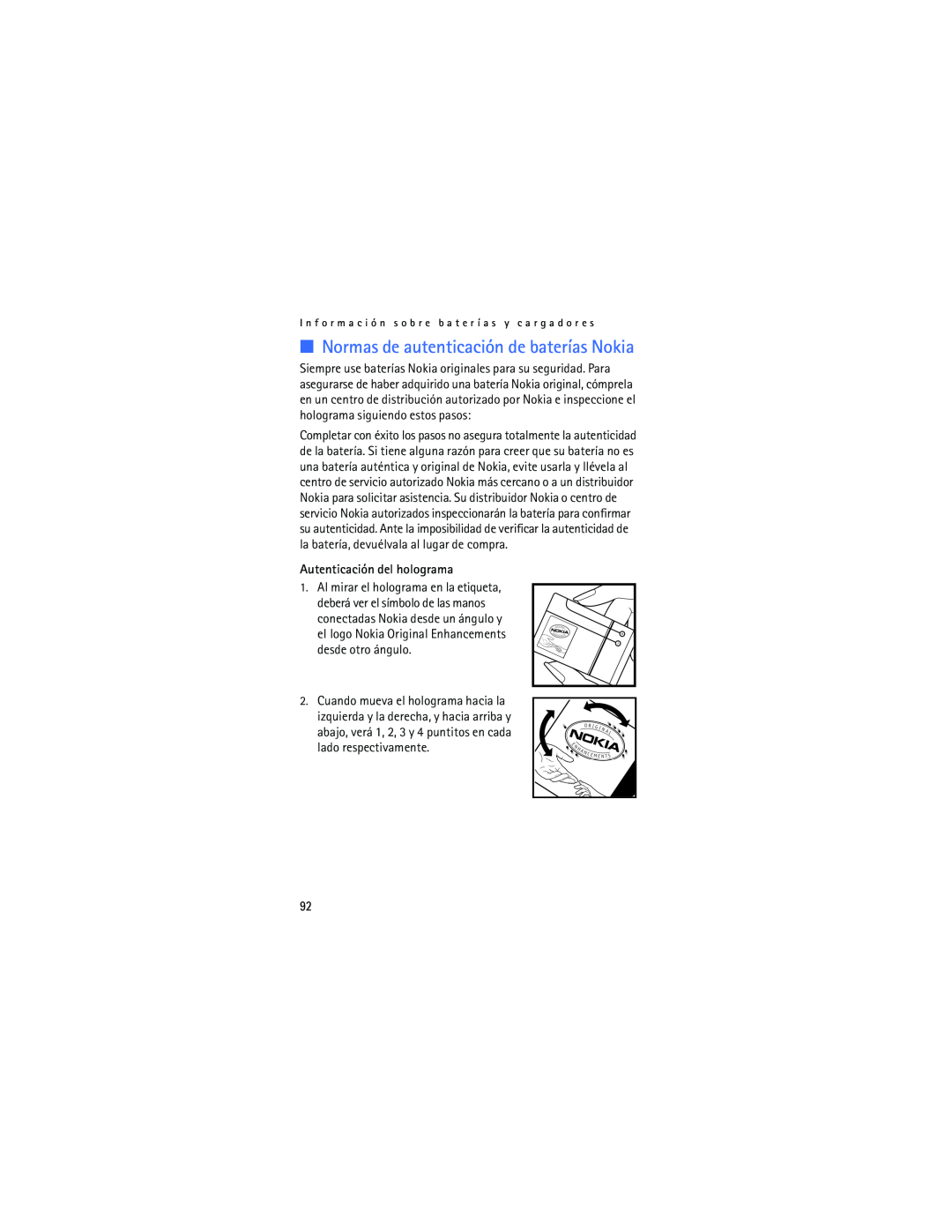 Verizon 2605 manual Autenticación del holograma, Normas de autenticación de baterías Nokia 