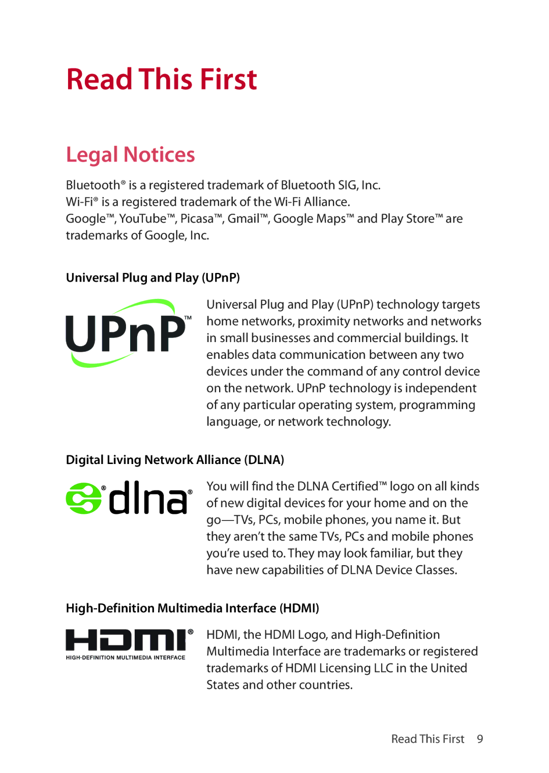 Verizon 5U000692C0A manual Legal Notices, Universal Plug and Play UPnP, Digital Living Network Alliance Dlna 