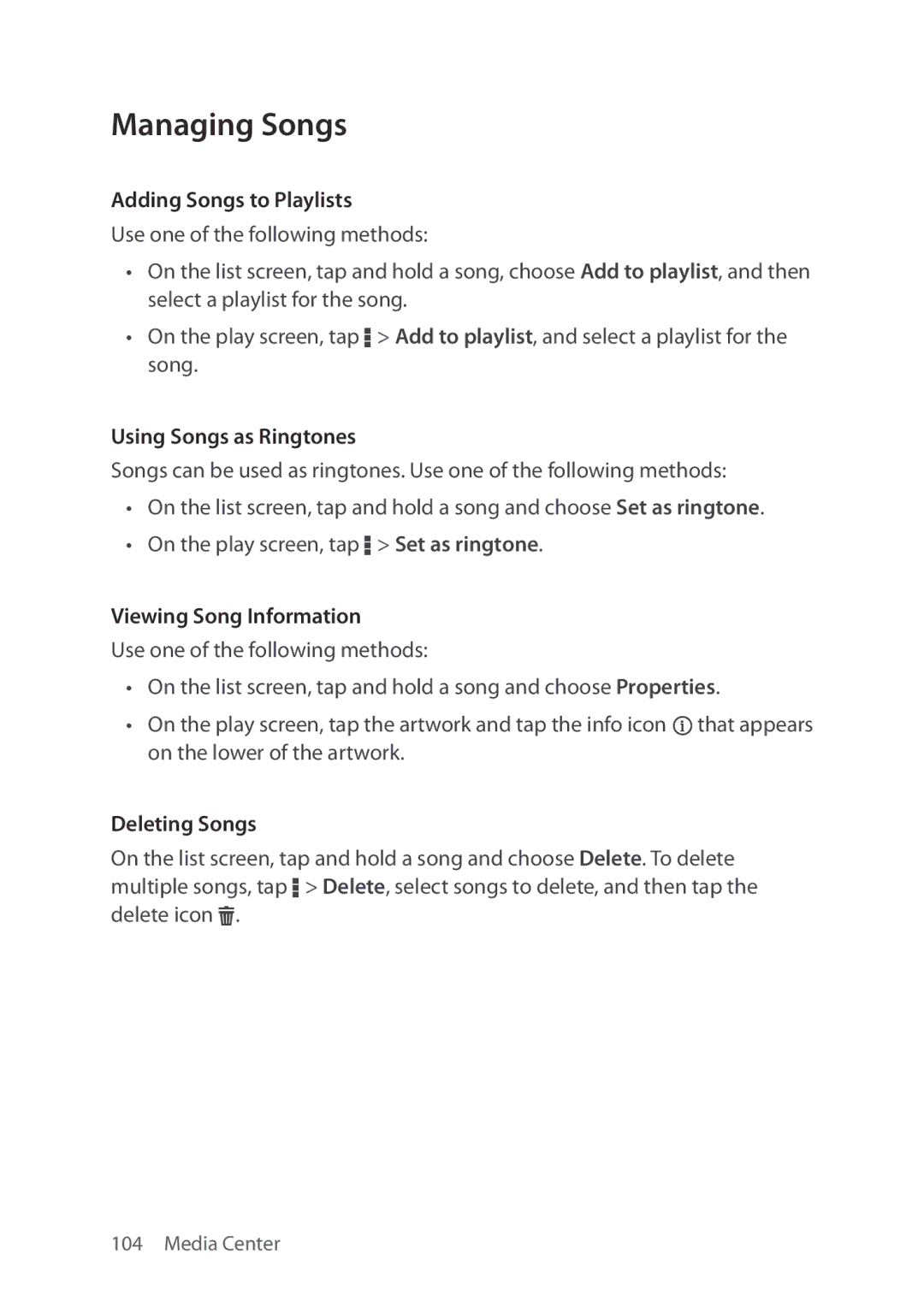 Verizon 5U000692C0A manual Managing Songs, Adding Songs to Playlists, Using Songs as Ringtones, Viewing Song Information 