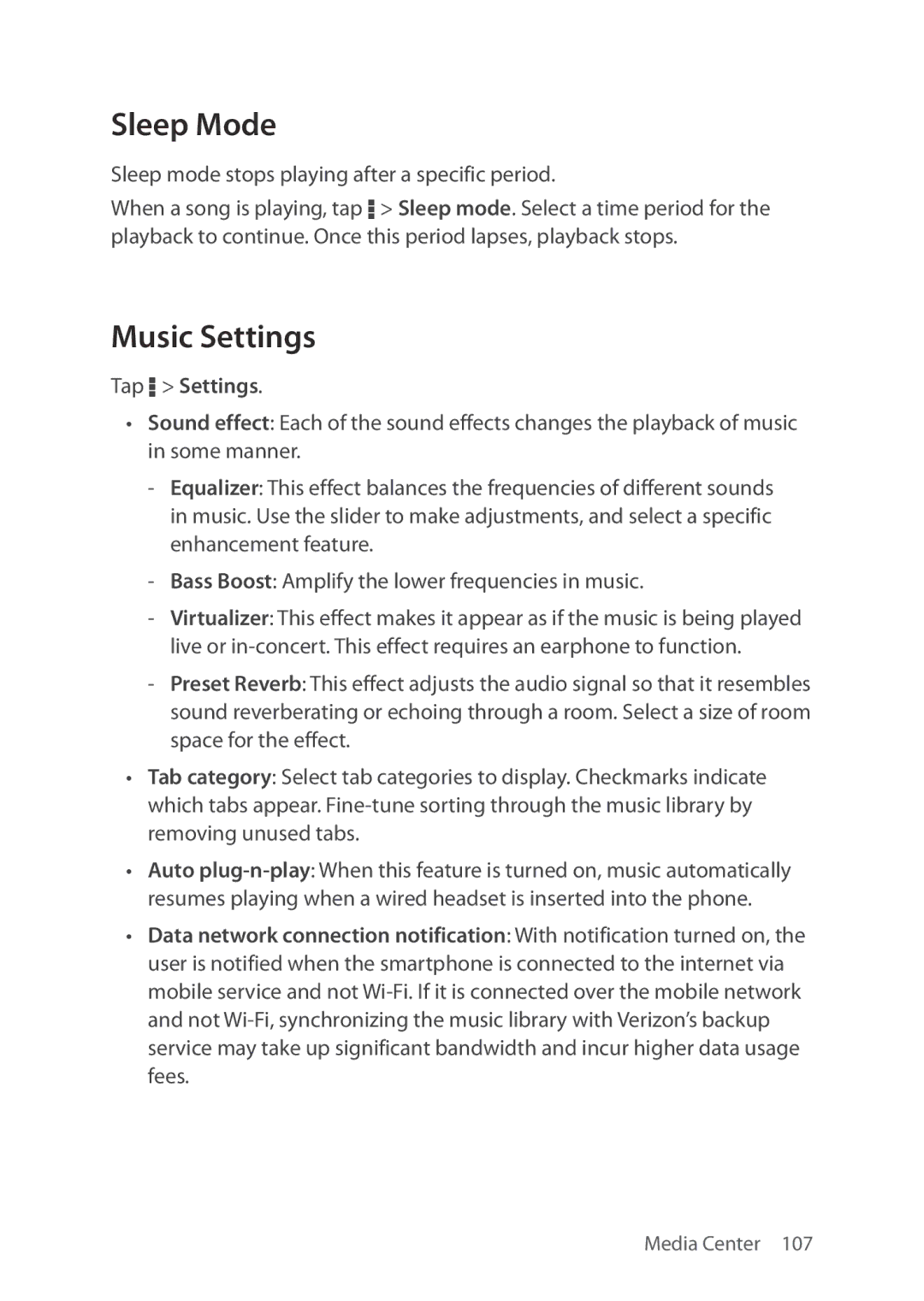 Verizon 5U000692C0A manual Sleep Mode, Music Settings 