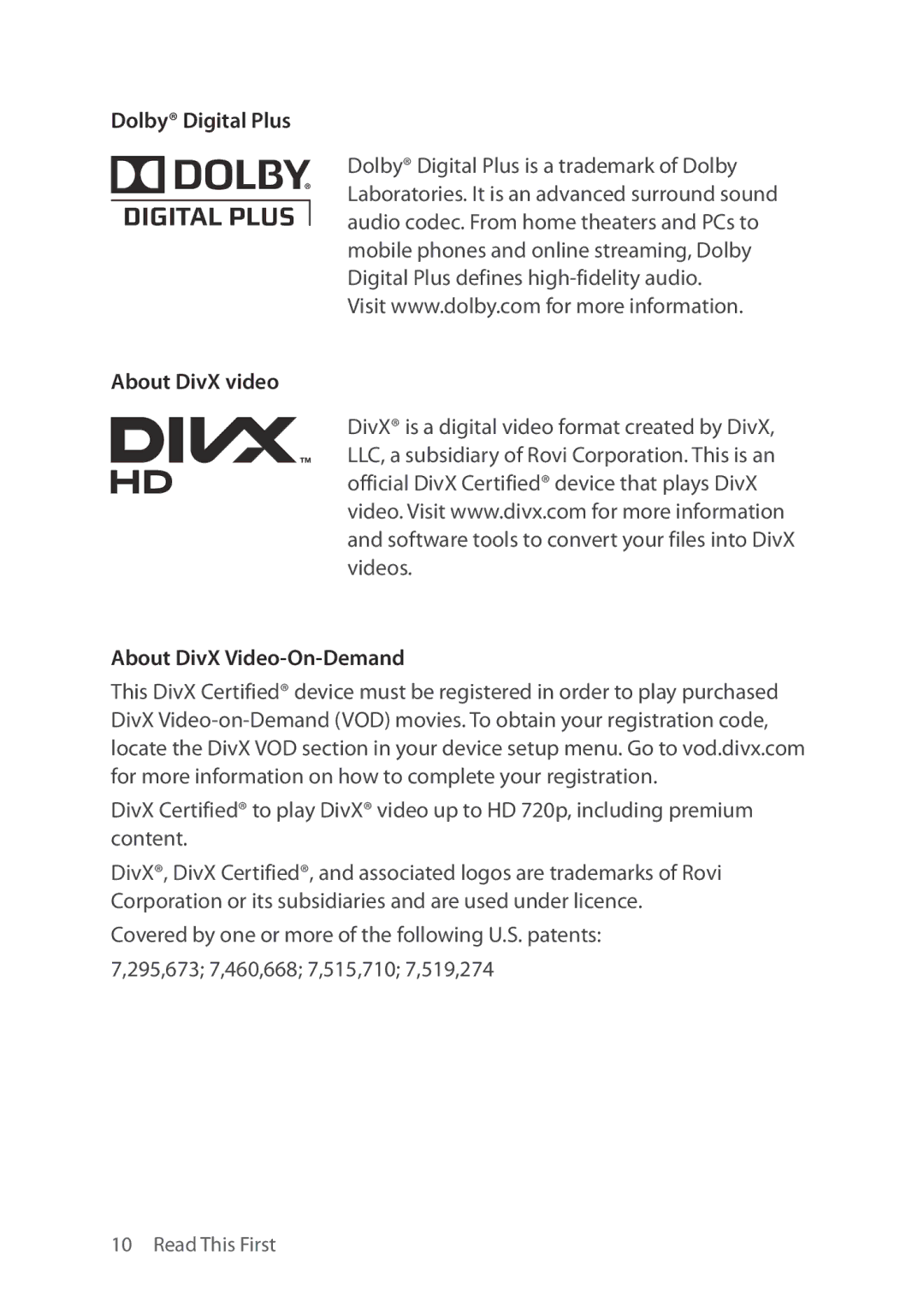 Verizon 5U000692C0A manual Dolby Digital Plus, About DivX video About DivX Video-On-Demand 