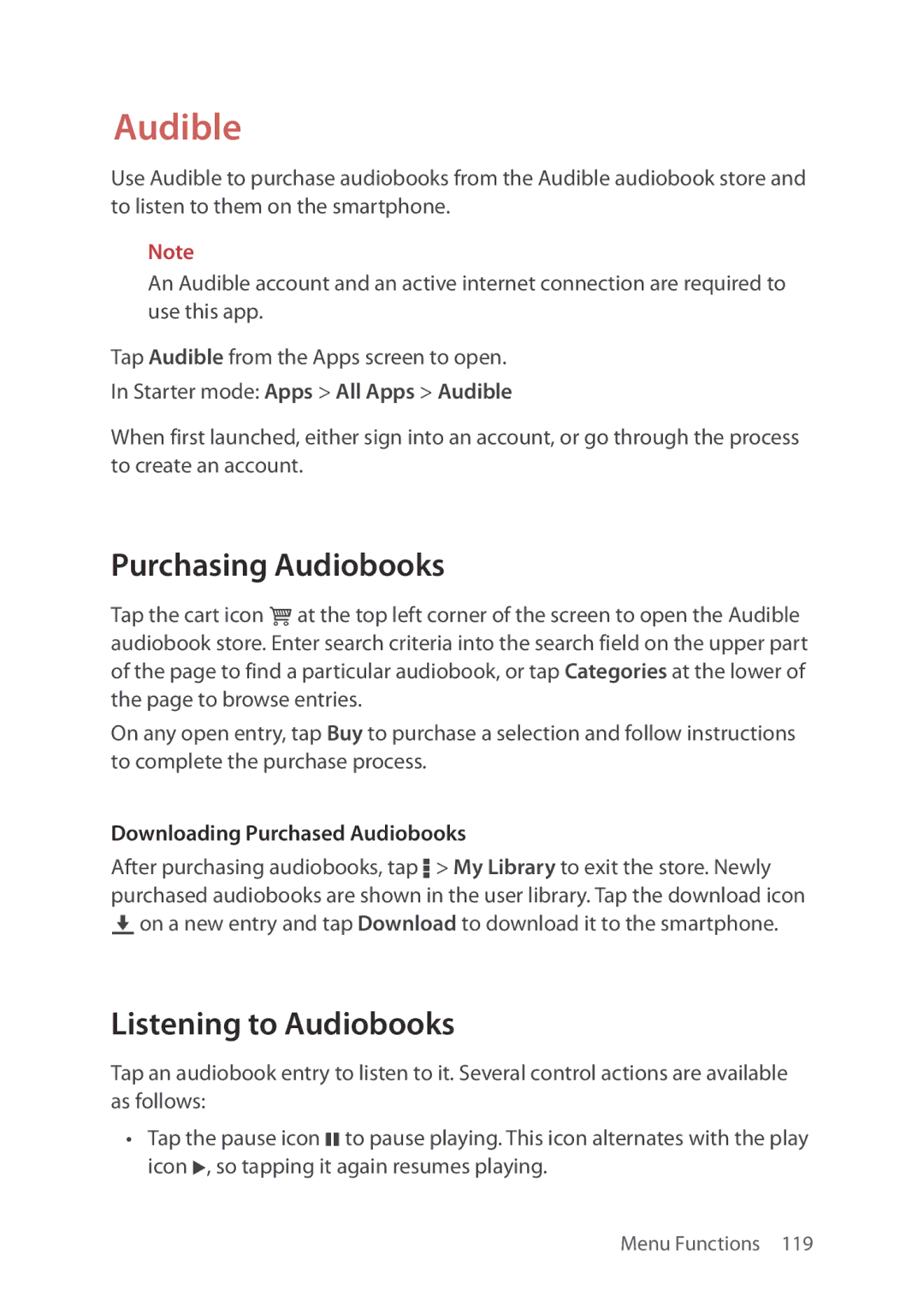 Verizon 5U000692C0A manual Audible, Purchasing Audiobooks, Listening to Audiobooks, Downloading Purchased Audiobooks 