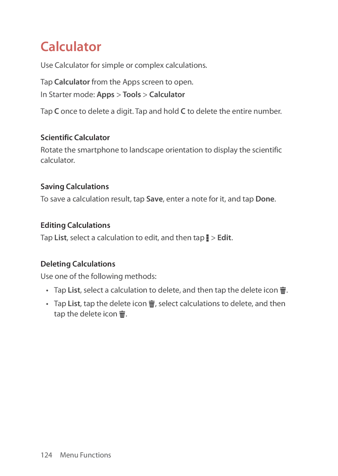 Verizon 5U000692C0A manual Scientific Calculator, Saving Calculations, Editing Calculations, Deleting Calculations 