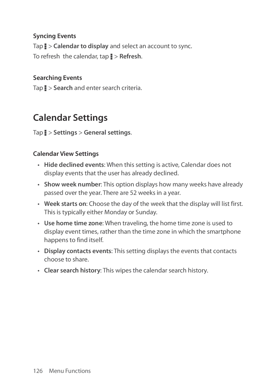 Verizon 5U000692C0A manual Calendar Settings, Syncing Events, Searching Events, Calendar View Settings 