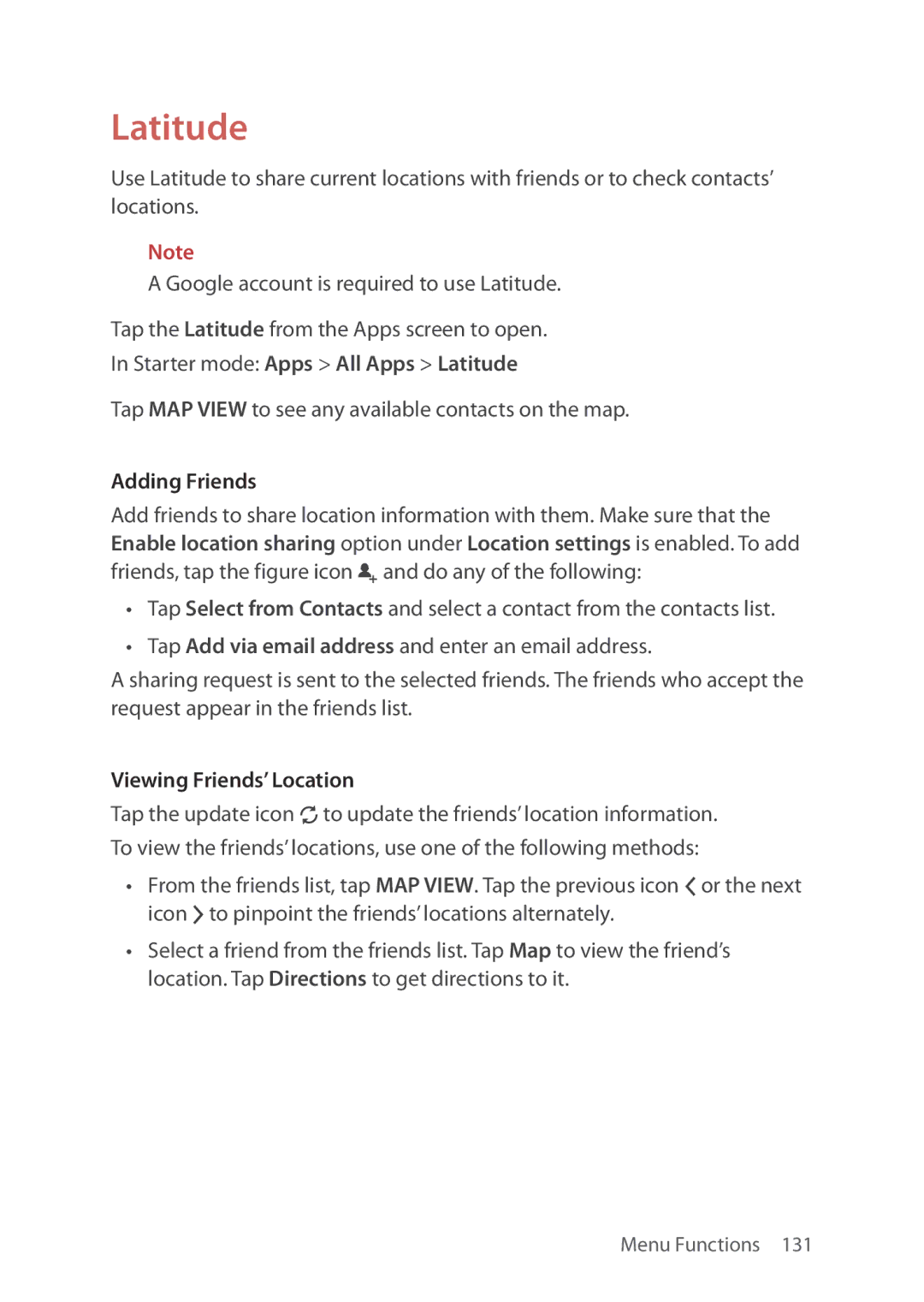 Verizon 5U000692C0A manual Starter mode Apps All Apps Latitude, Viewing Friends’ Location 