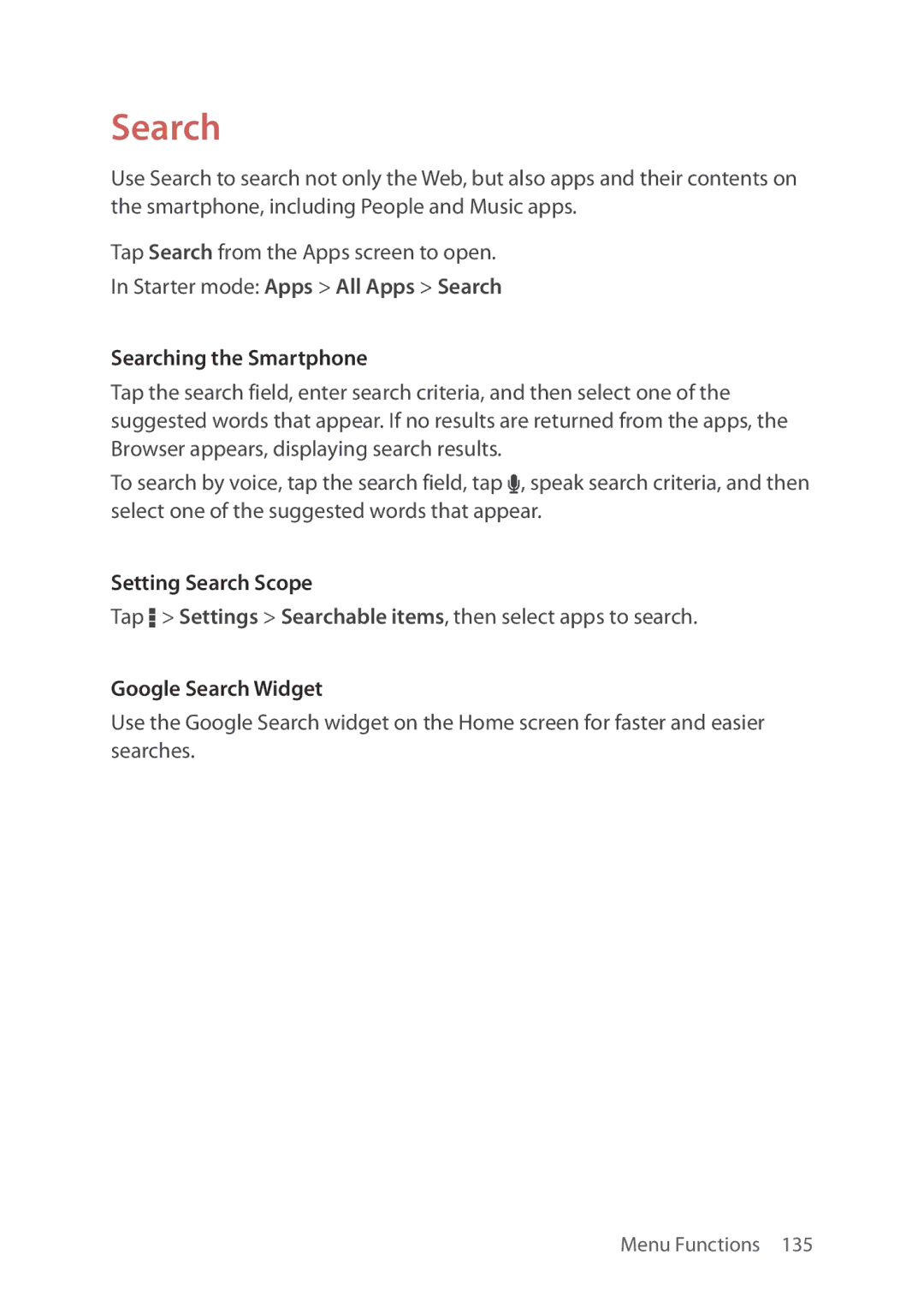 Verizon 5U000692C0A manual Searching the Smartphone, Setting Search Scope, Google Search Widget 