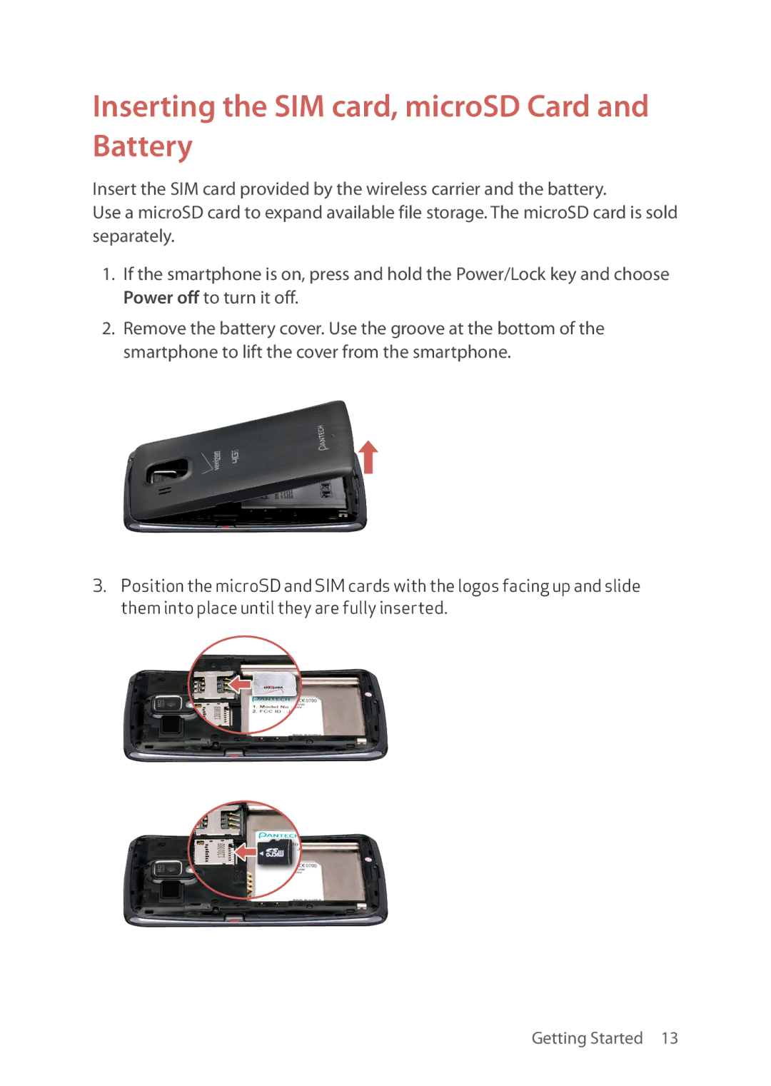 Verizon 5U000692C0A manual Inserting the SIM card, microSD Card and Battery 