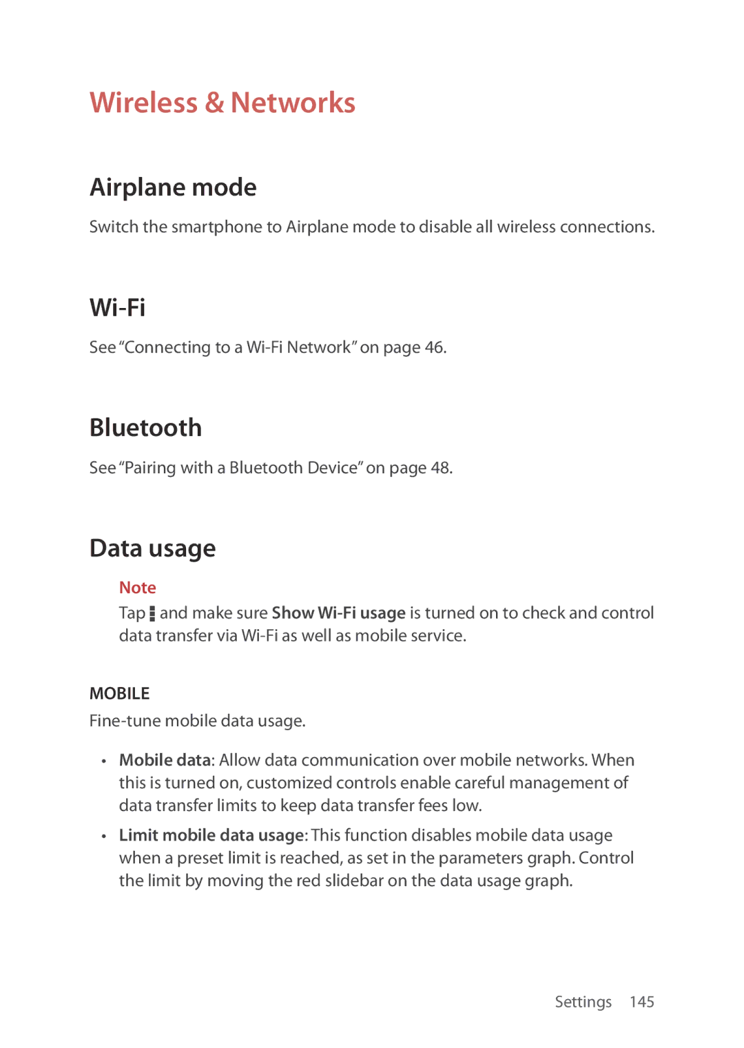 Verizon 5U000692C0A manual Wireless & Networks, Airplane mode, Wi-Fi, Bluetooth, Data usage 