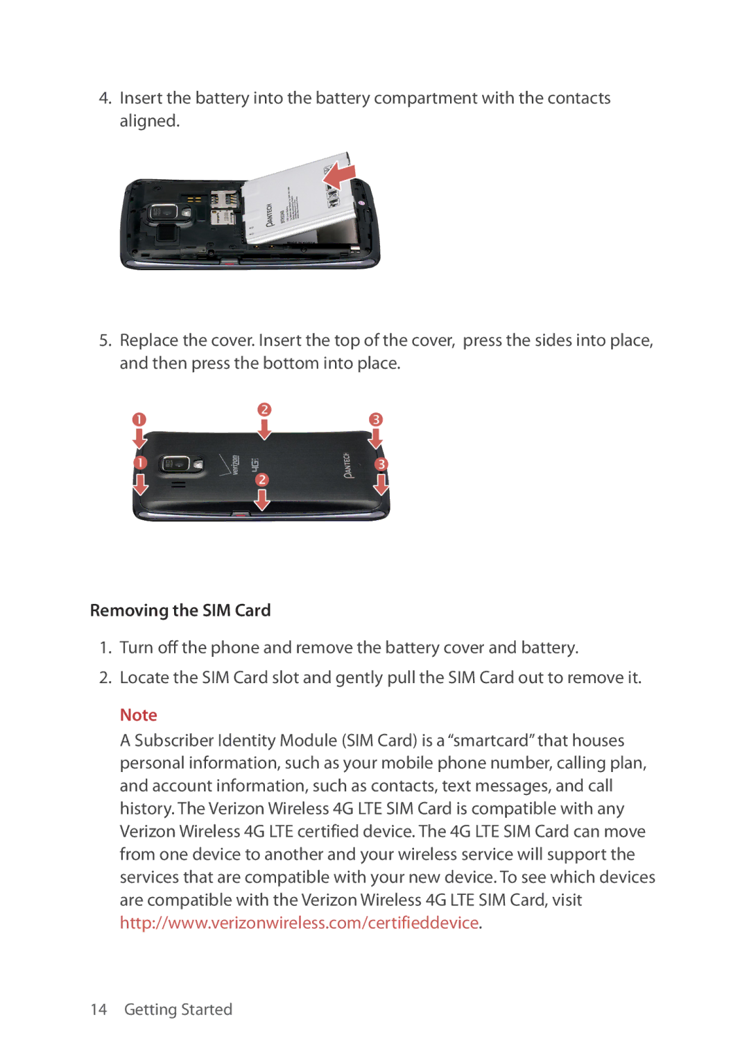 Verizon 5U000692C0A manual Removing the SIM Card 