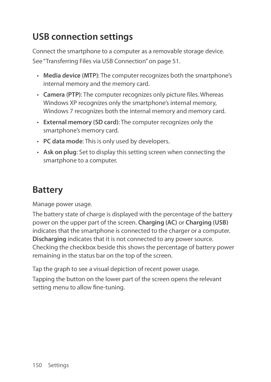 Verizon 5U000692C0A manual USB connection settings, Battery 