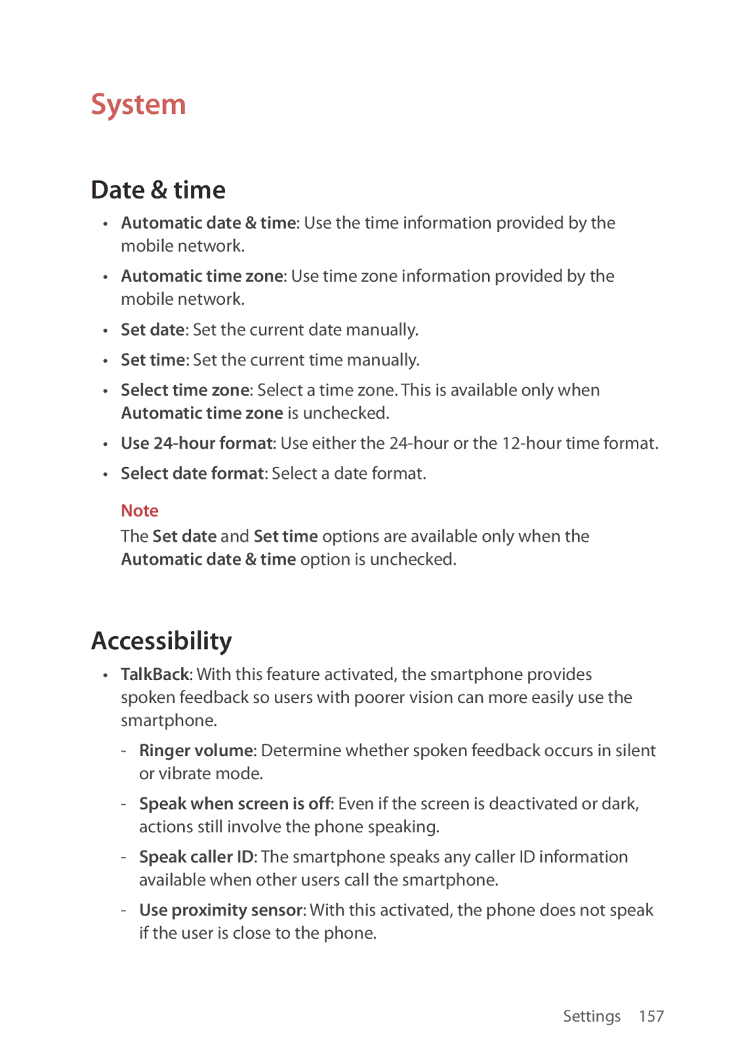 Verizon 5U000692C0A manual System, Date & time, Accessibility 