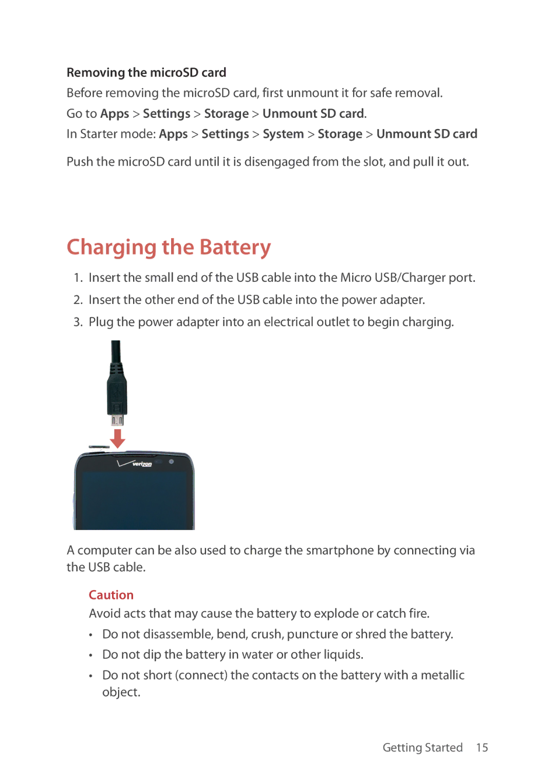 Verizon 5U000692C0A manual Charging the Battery, Removing the microSD card 