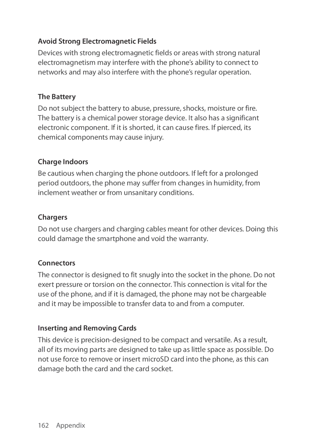 Verizon 5U000692C0A manual Avoid Strong Electromagnetic Fields, Battery, Charge Indoors, Chargers, Connectors 