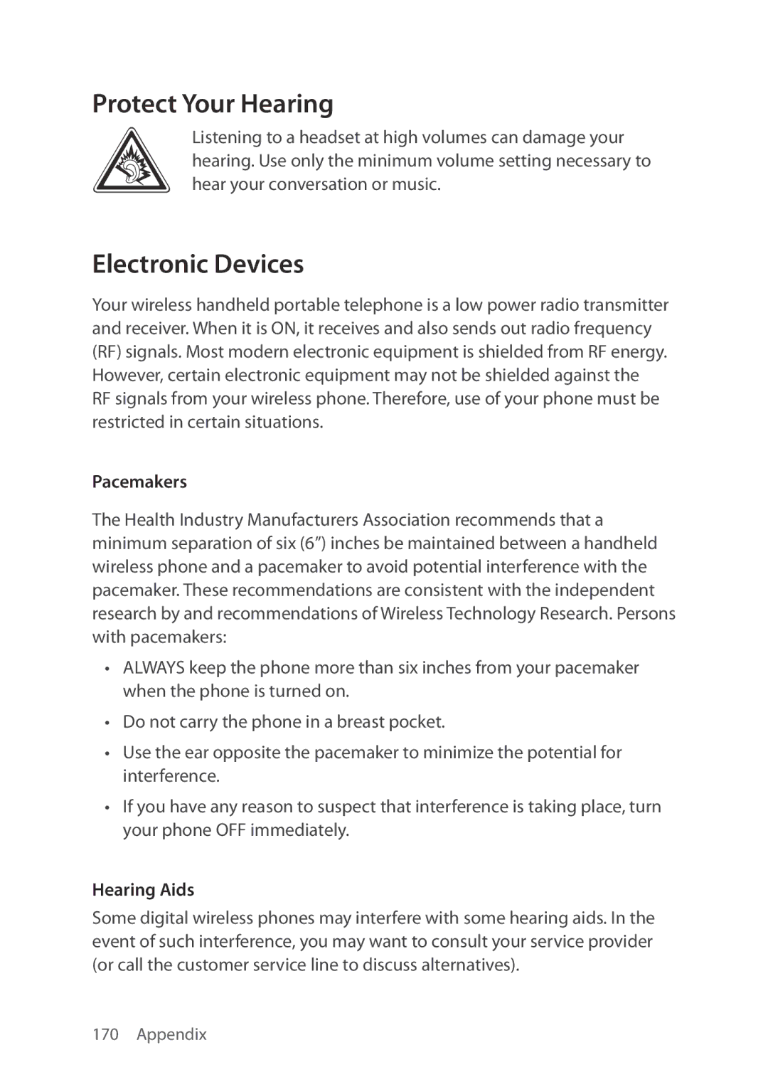 Verizon 5U000692C0A manual Protect Your Hearing, Electronic Devices, Pacemakers, Hearing Aids 