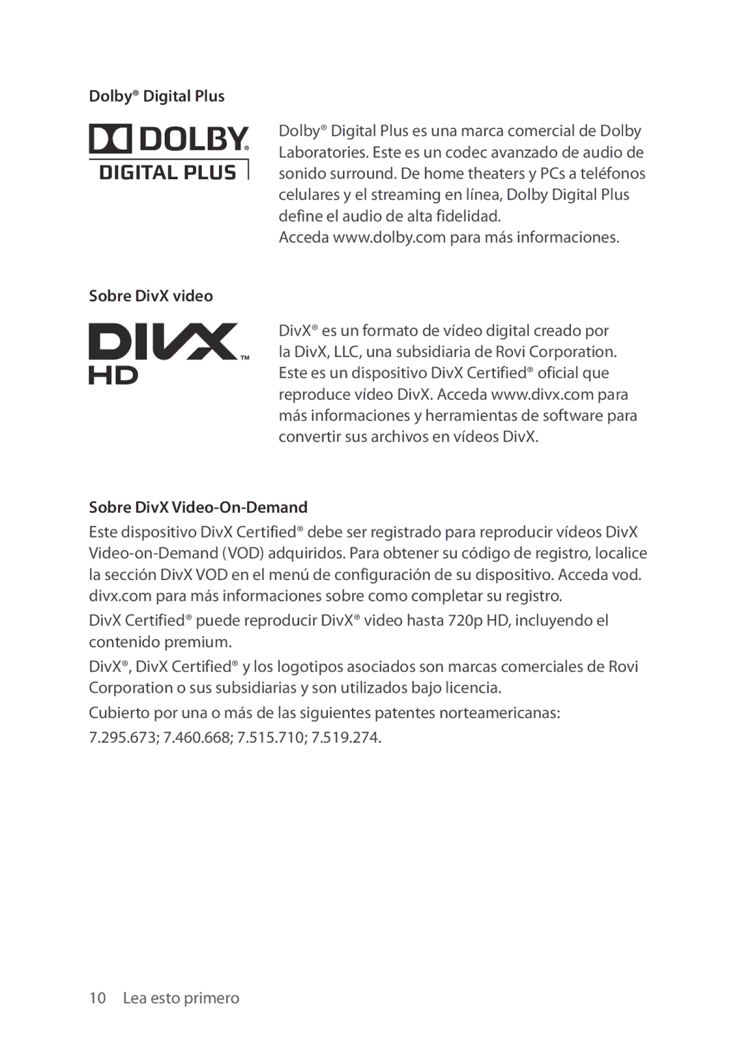 Verizon 5U000692C0A manual Dolby Digital Plus, Sobre DivX video Sobre DivX Video-On-Demand 