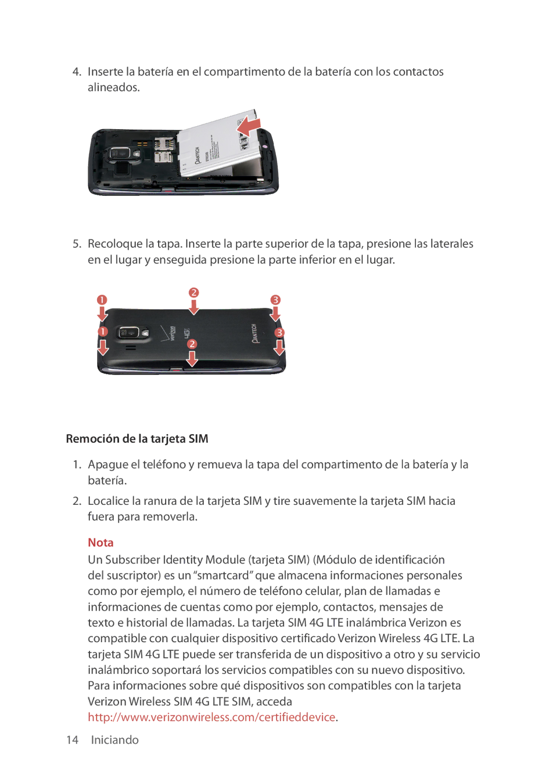 Verizon 5U000692C0A manual Remoción de la tarjeta SIM 