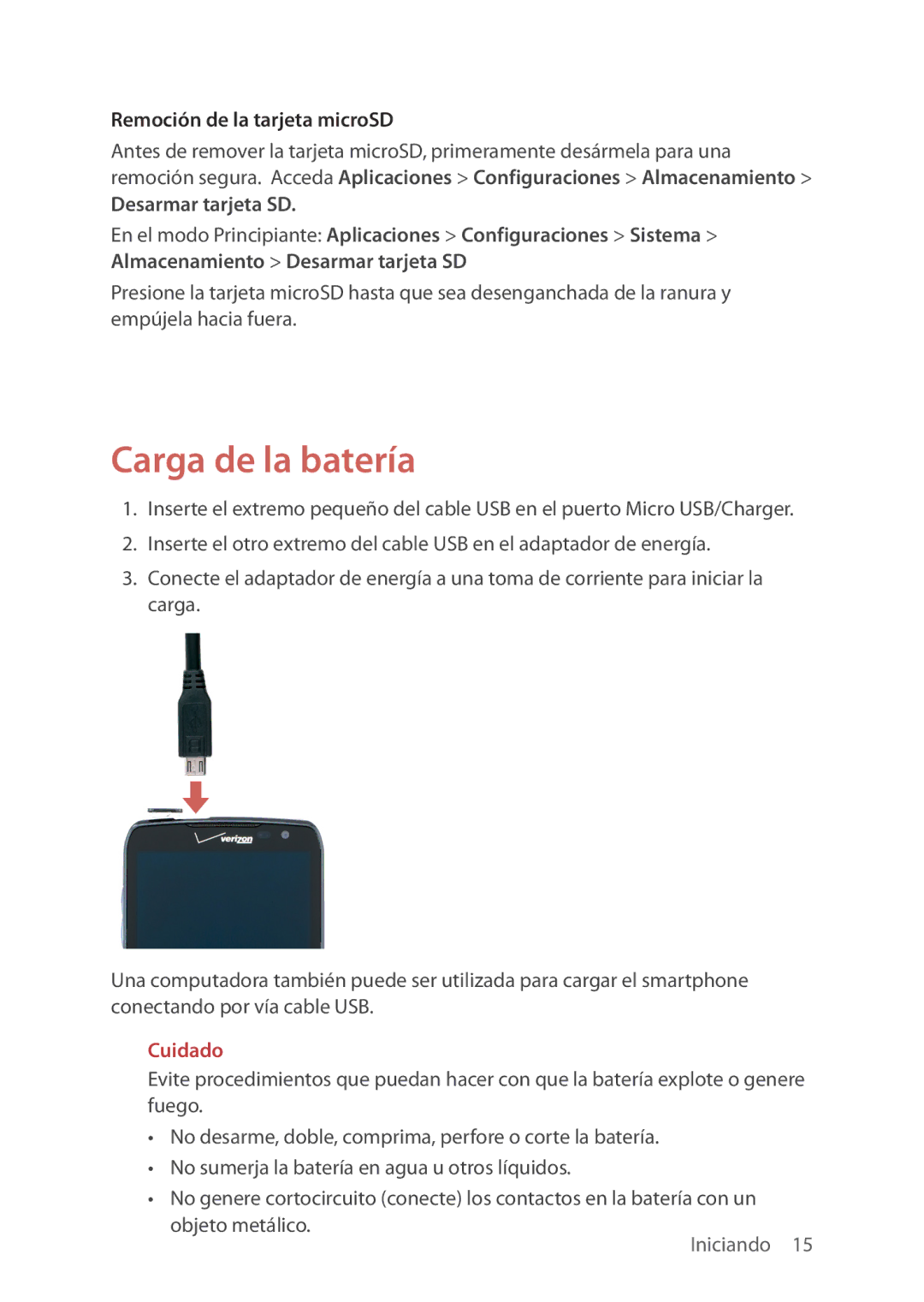 Verizon 5U000692C0A manual Carga de la batería, Remoción de la tarjeta microSD, Desarmar tarjeta SD 