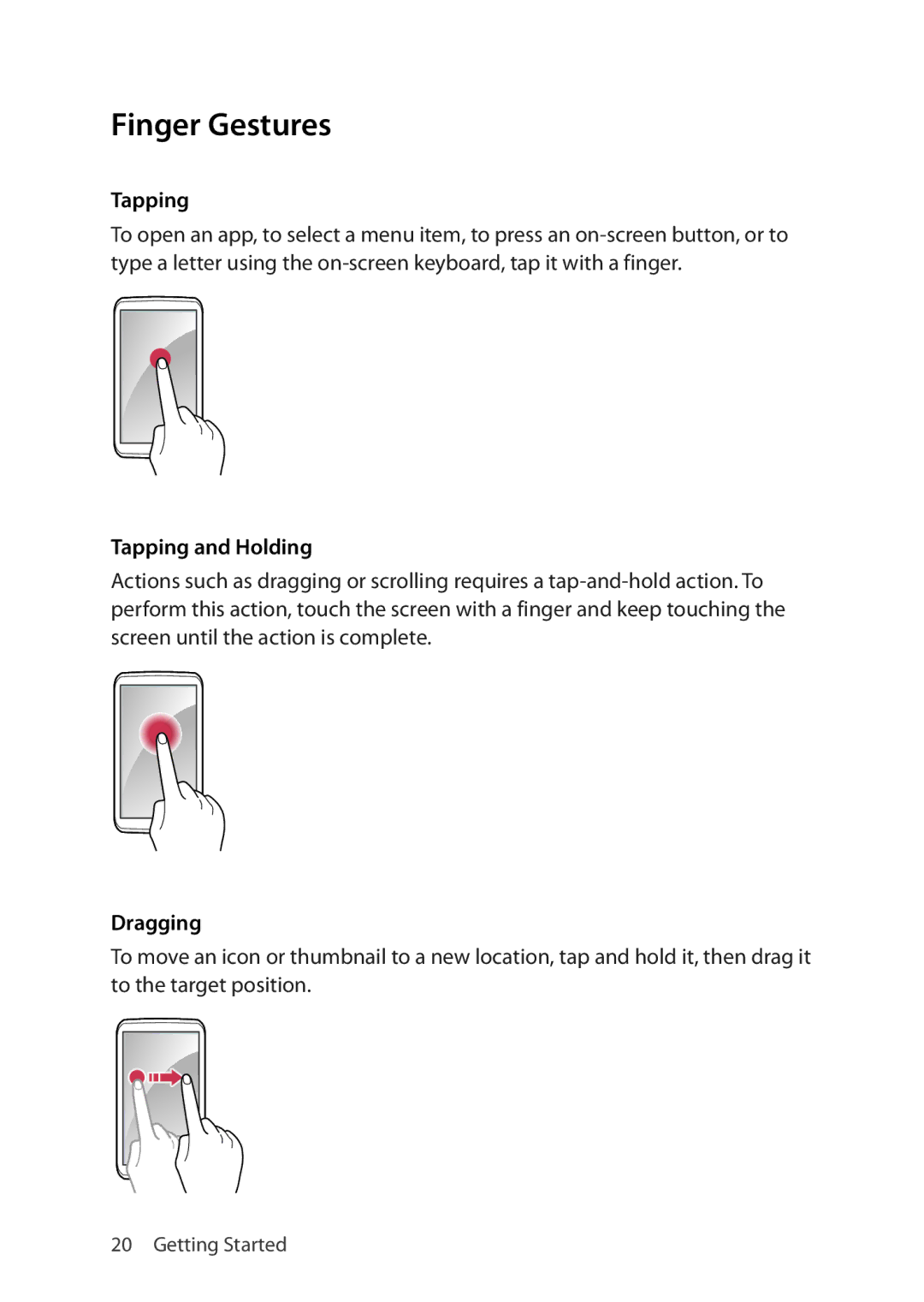 Verizon 5U000692C0A manual Finger Gestures, Tapping and Holding, Dragging 